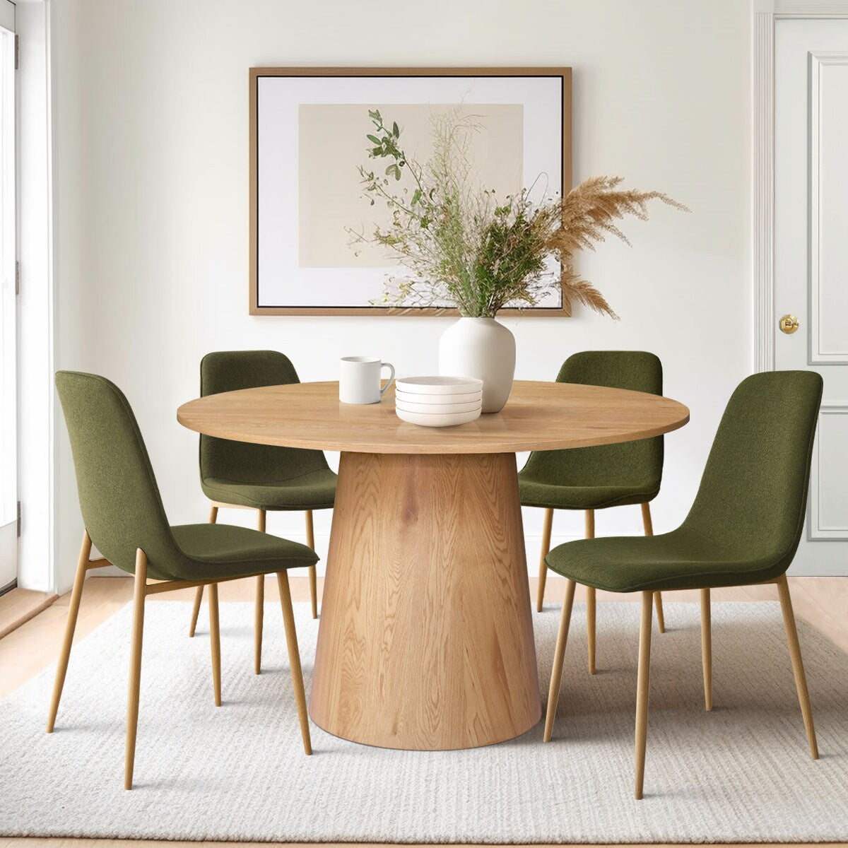 Modern Round Glass Table Set For 4 With Upholstered Dining Chairs