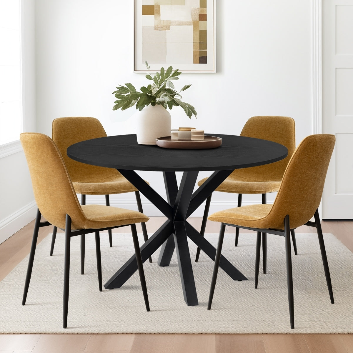 Round Dining Table Set For 4 With Upholstered Chairs And Pedestal Base