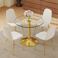 5 Piece Round Dining Table Set 35 Inch Tempered Glass Top With Metal Base 4 High Resilience Fabric Chairs