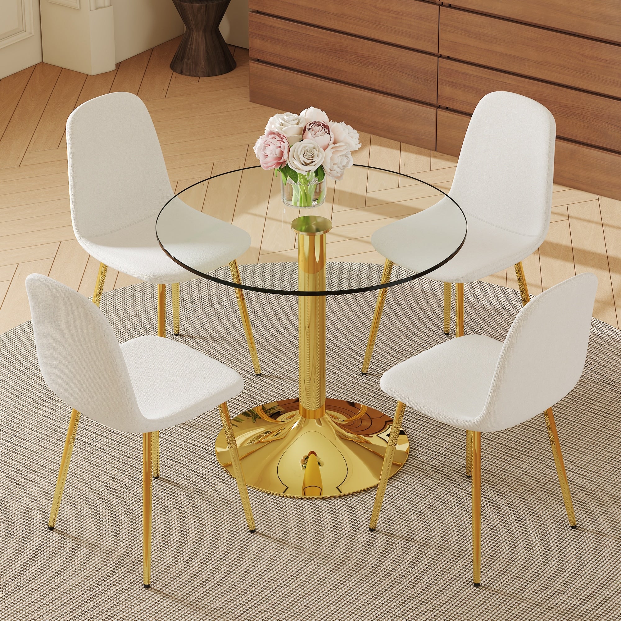 5 Piece Round Dining Table Set 35 Inch Tempered Glass Top With Metal Base 4 High Resilience Fabric Chairs
