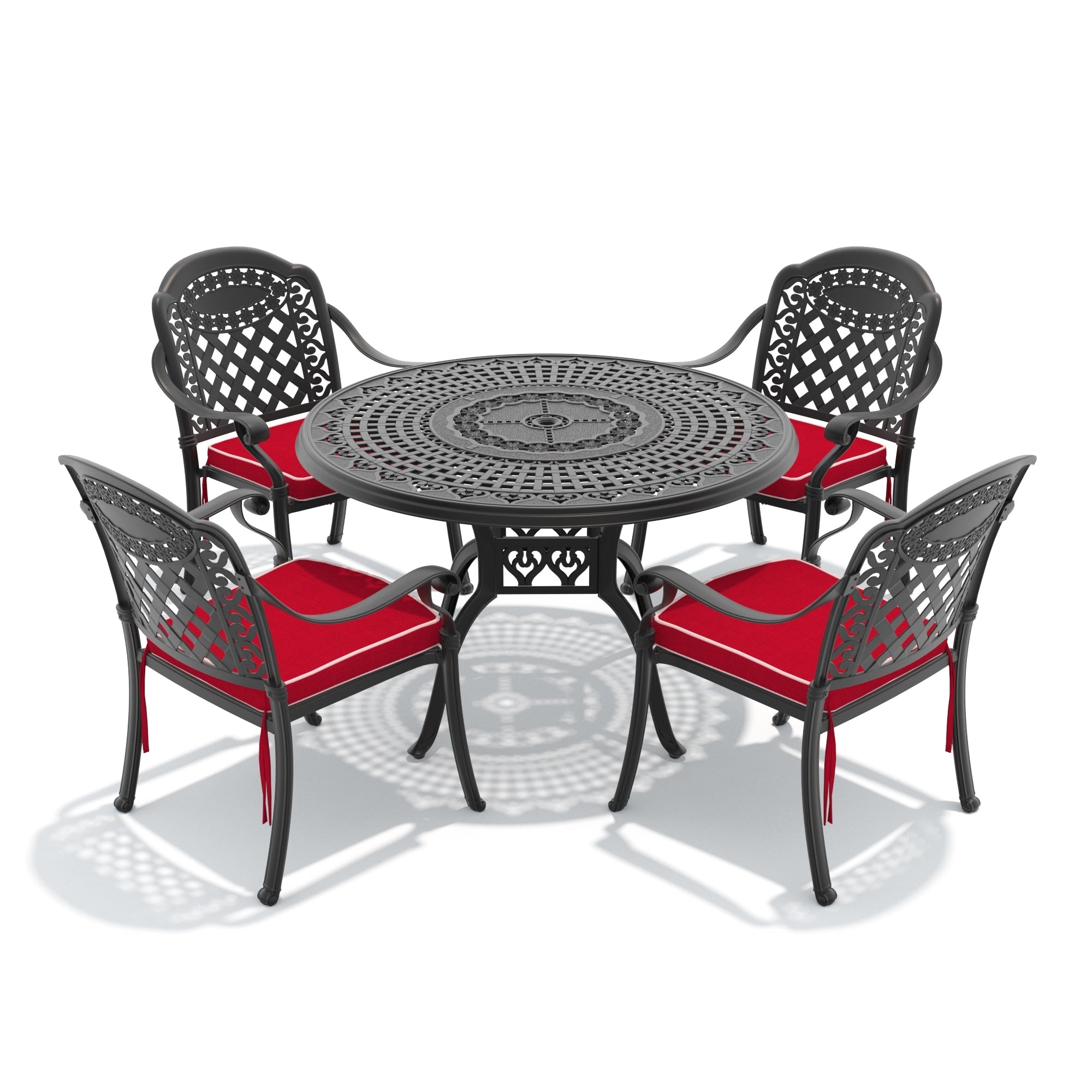 5 Piece Set Of Cast Aluminum Patio Furniture With Red Cushions