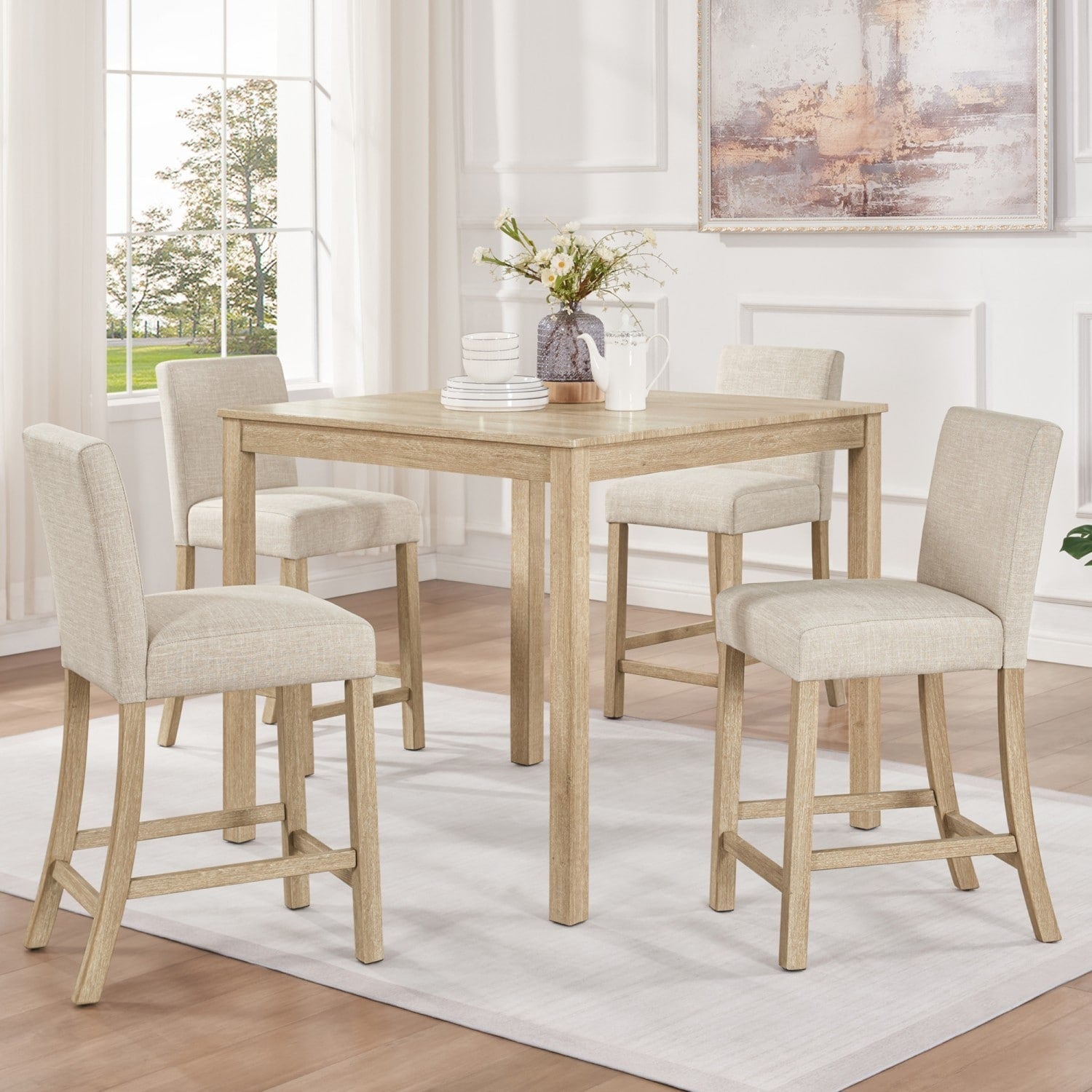 5 Piece Set 39 Square Counter Height Dining Table With 4 Upholstered Chairs