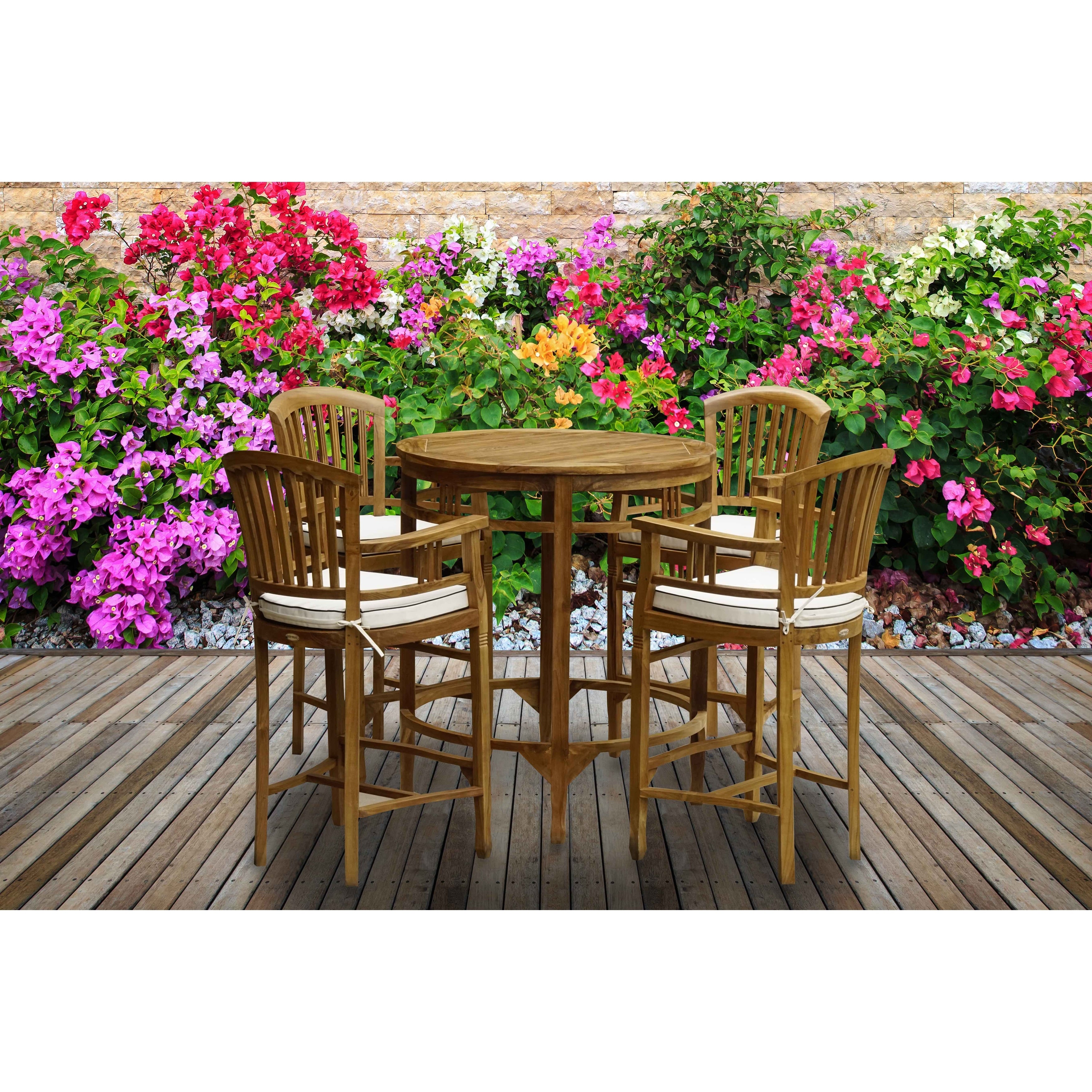Chic Teak 5 Piece Teak Wood Orleans Bar Table Chair Set With Cushions