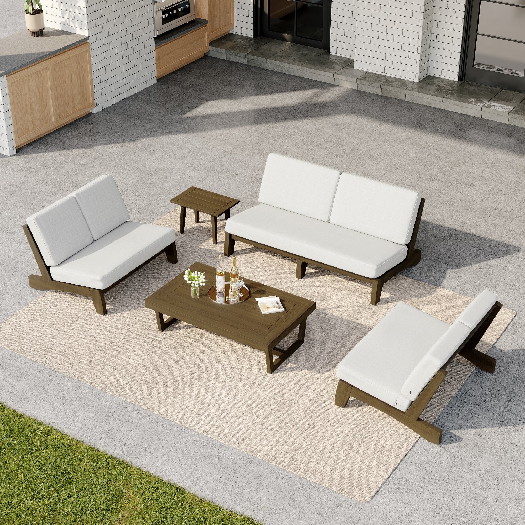 5 Piece Teak Wood Outdoor Patio Set Loveseat Sofa Wtih Table