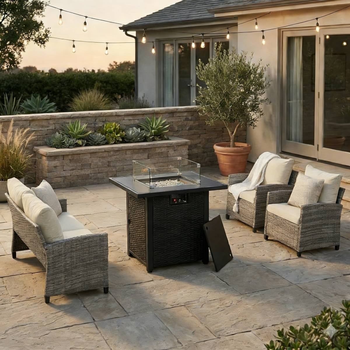 5 Piece Wicker Patio Conversation Set With Fire Pit N A