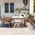 5 Piece Wood Outdoor Dining Set Light Brown Rectangular Patio Dining Table 4 Chairs With Built In Umbrella Hole