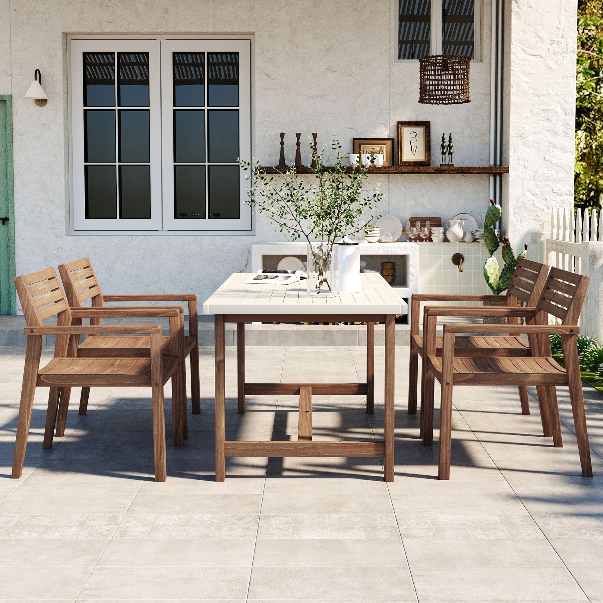 5 Piece Wood Outdoor Dining Set Light Brown Rectangular Patio Dining Table 4 Chairs With Built In Umbrella Hole