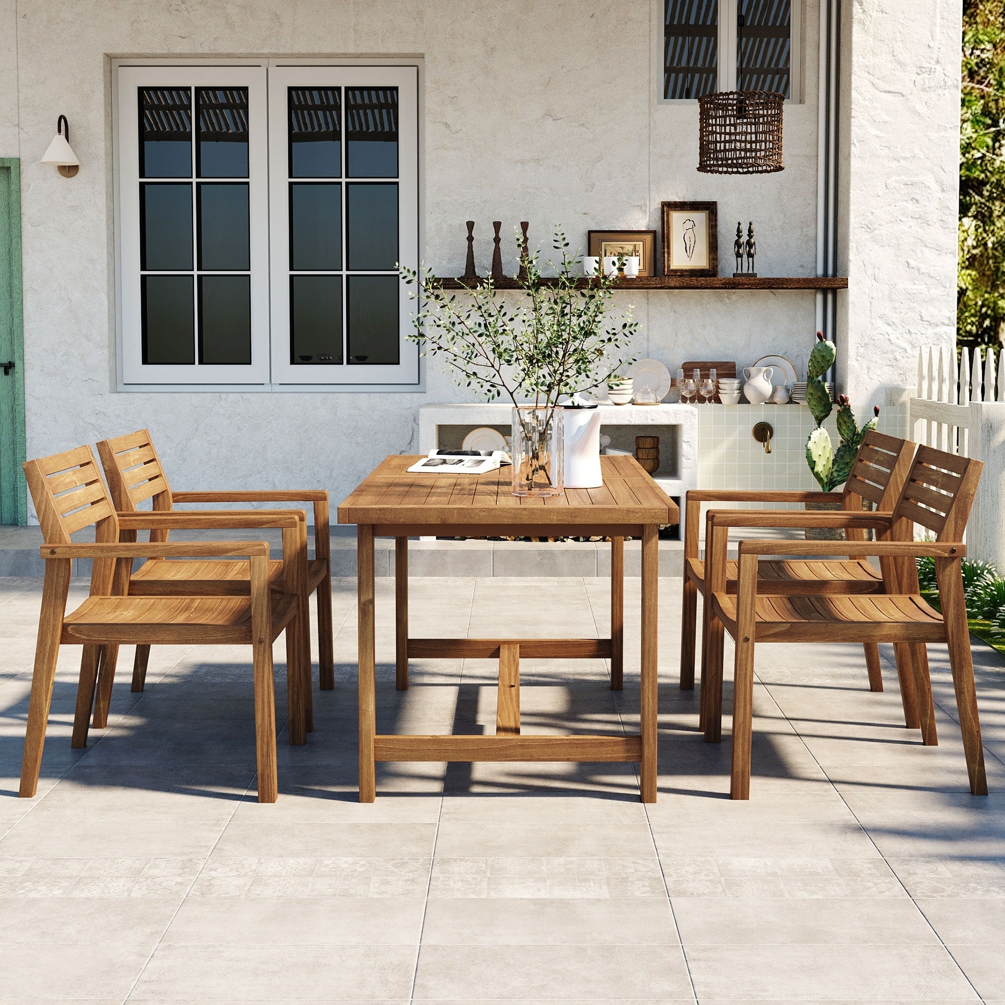 5 Piece Wood Outdoor Dining Set Rectangular Patio Dining Table 4 Chairs With Built In Umbrella Hole
