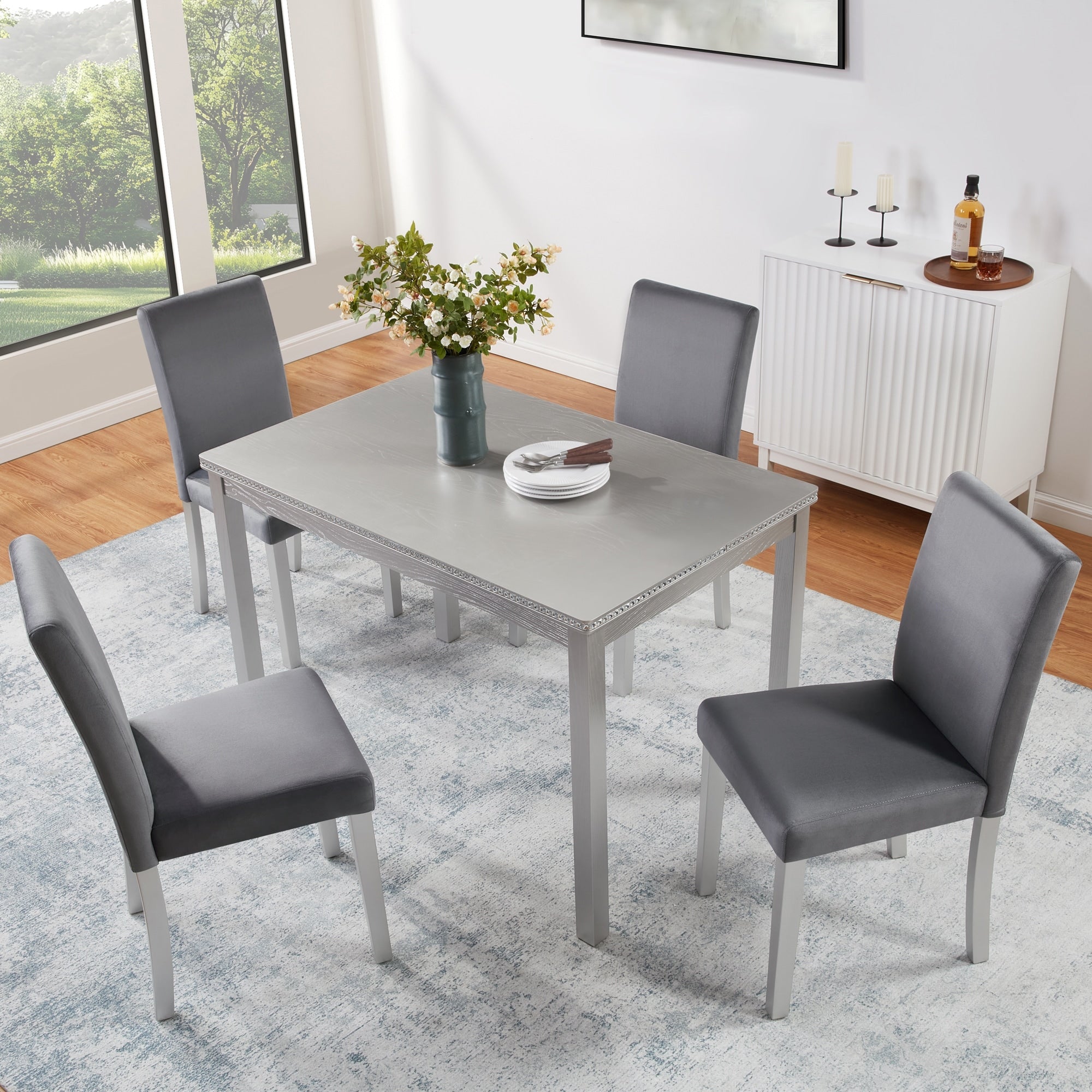 5 Piece Wooden Dining Table Set With A Rectangular Table And 4 Upholstered Chairs With Crystal Decoration And Chairs Set