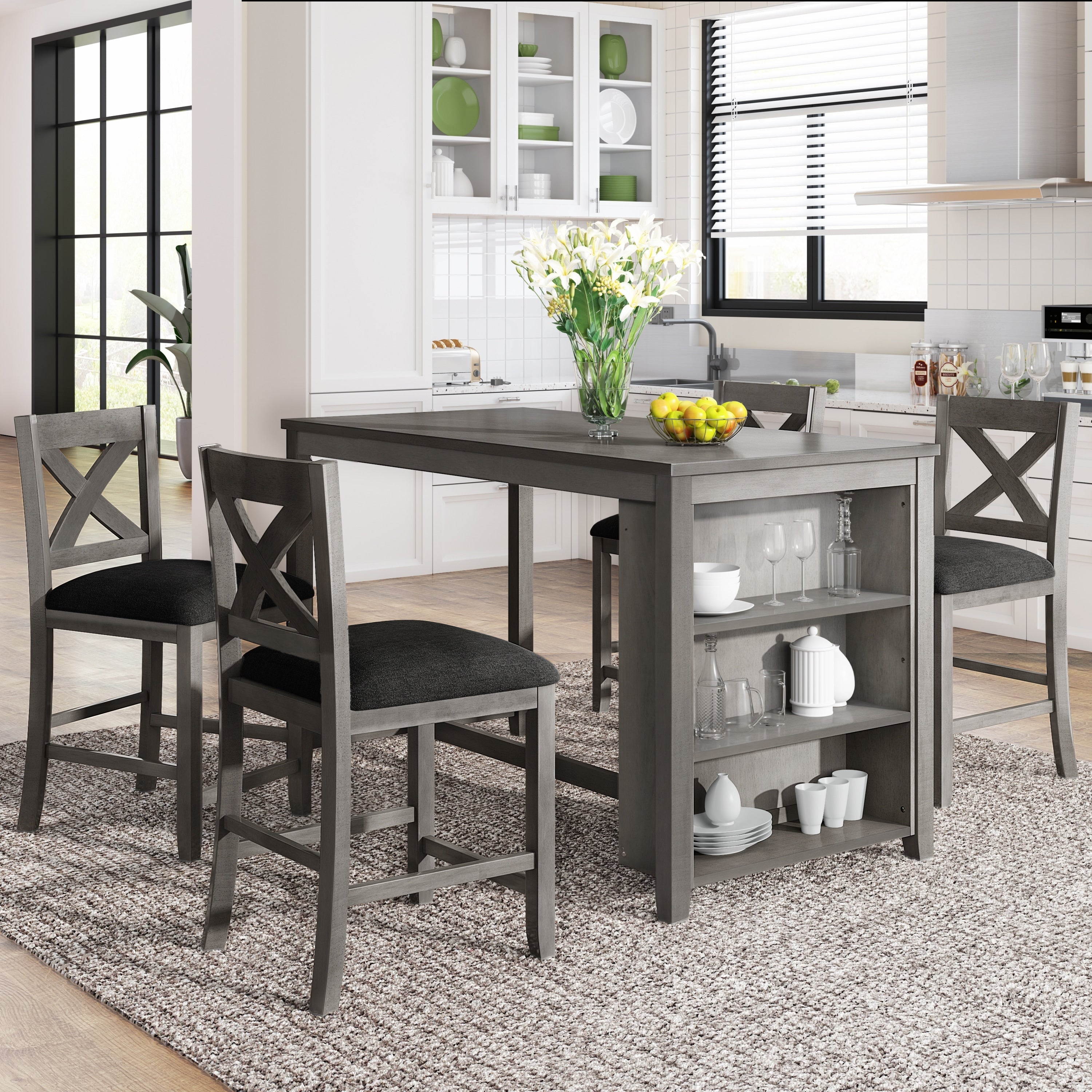 5 Pieces Counter Height Rustic Farmhouse Dining Room Wooden Bar Table Set With 4 Chairs