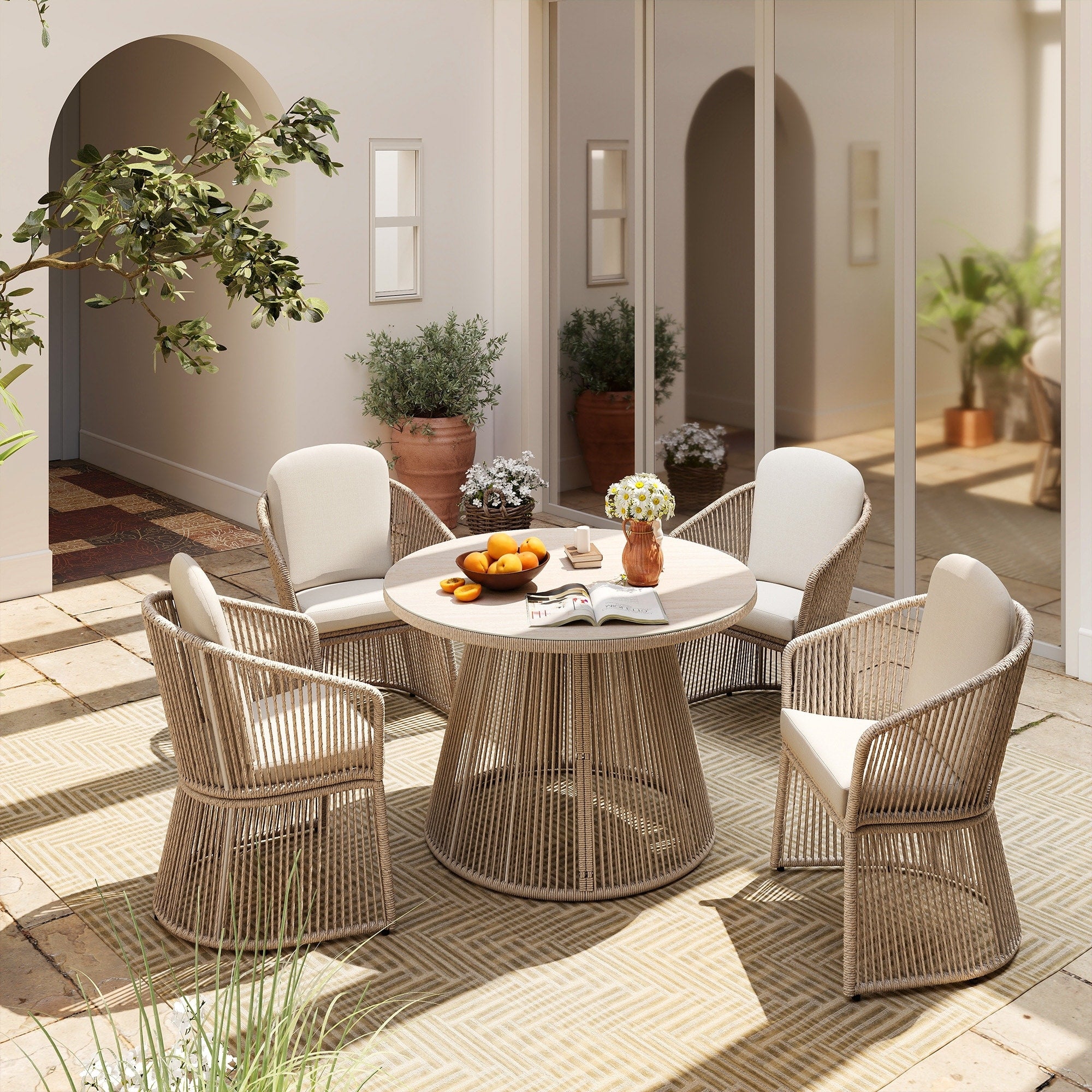 5 Pieces Outdoor Pe Rattan Patio Dining Set With Round Tempered Glass Table