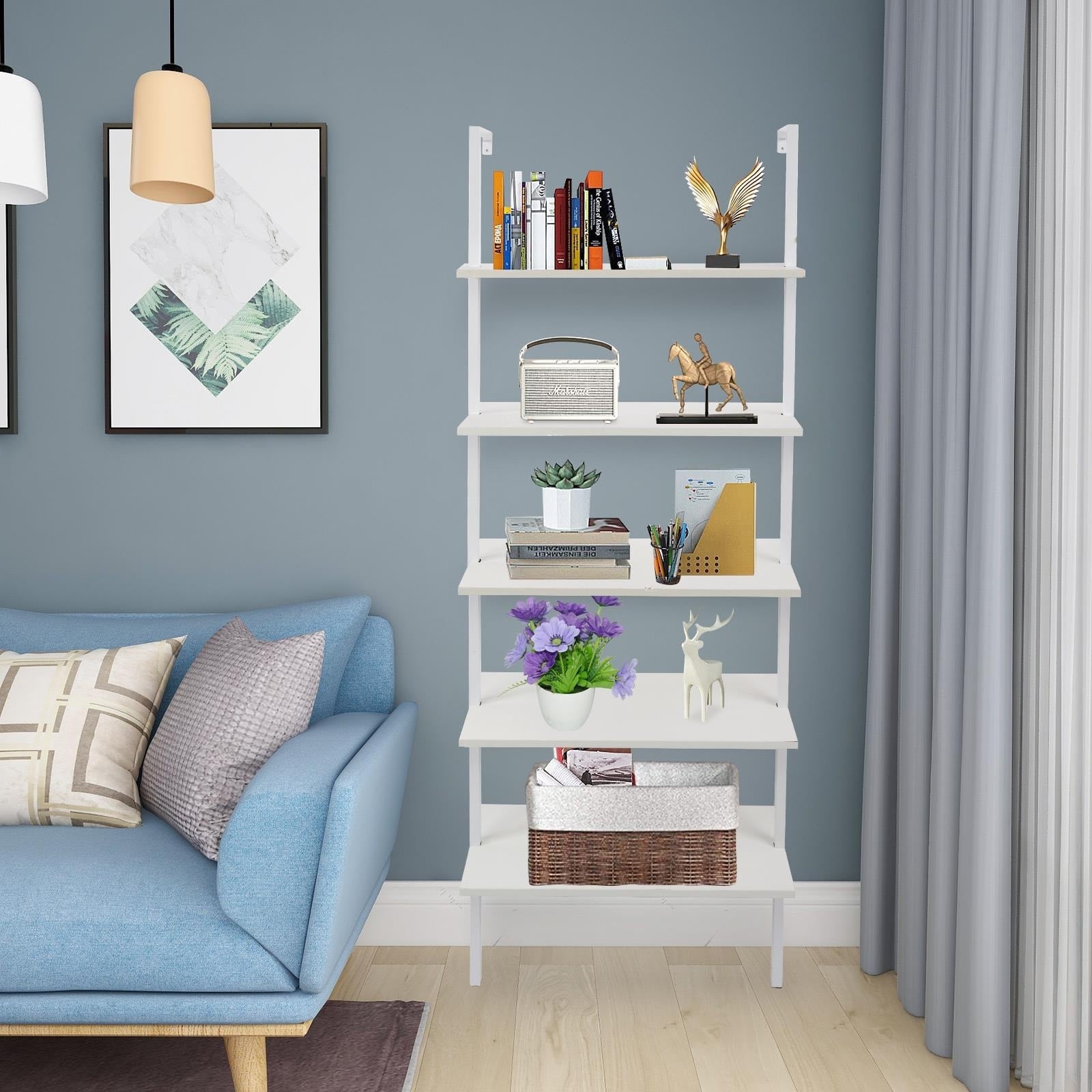 5 Shelf Wood Ladder Bookcase With Metal Frame Wall Mount Book Shelf
