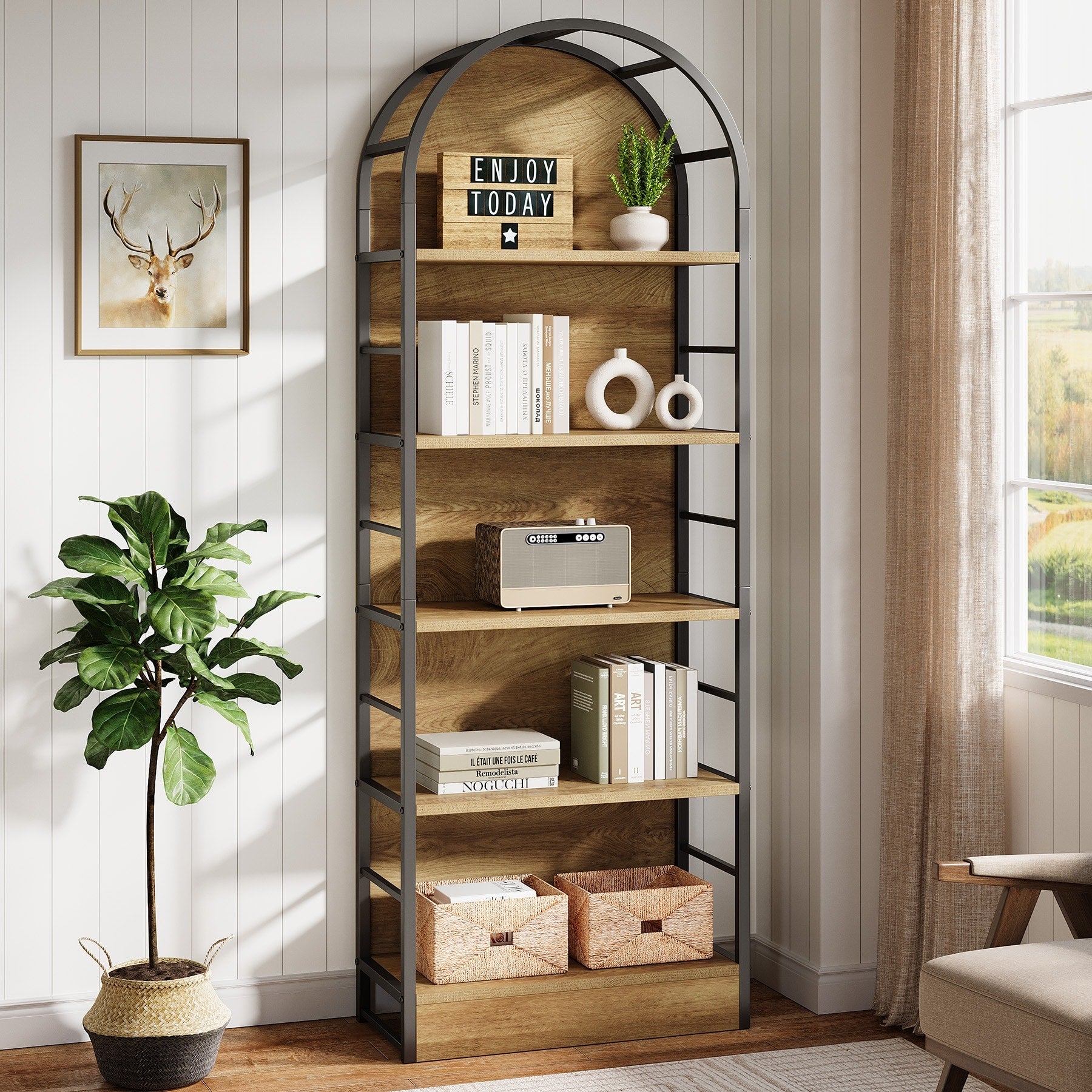 5 Tier Arched Bookcase 70.9 Inch Tall Industrial Bookcase And Bookshelves