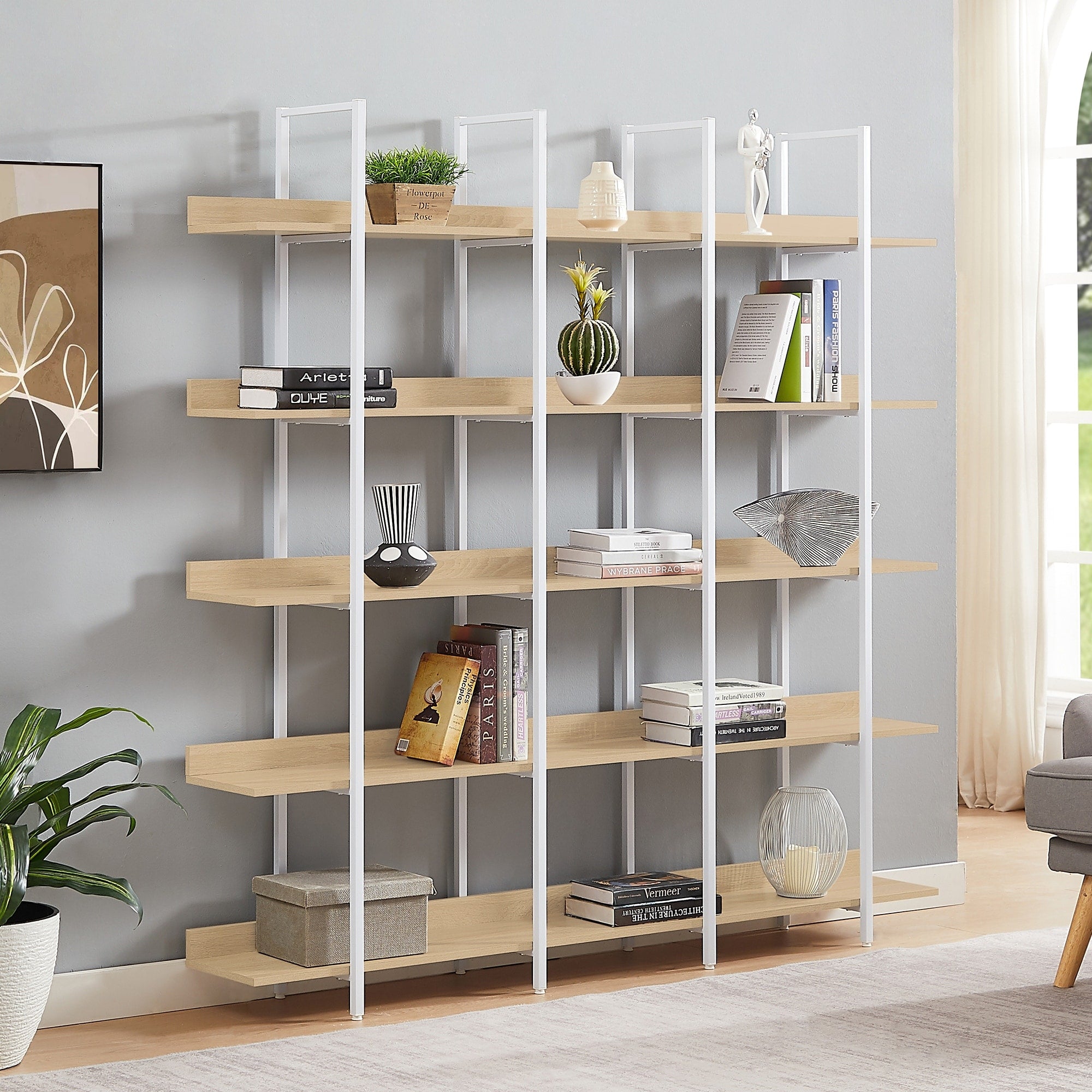 5 Tier Bookcase Home Office Open Bookshelf Vintage Industrial Style Shelf Mdf Board White Metal Frame