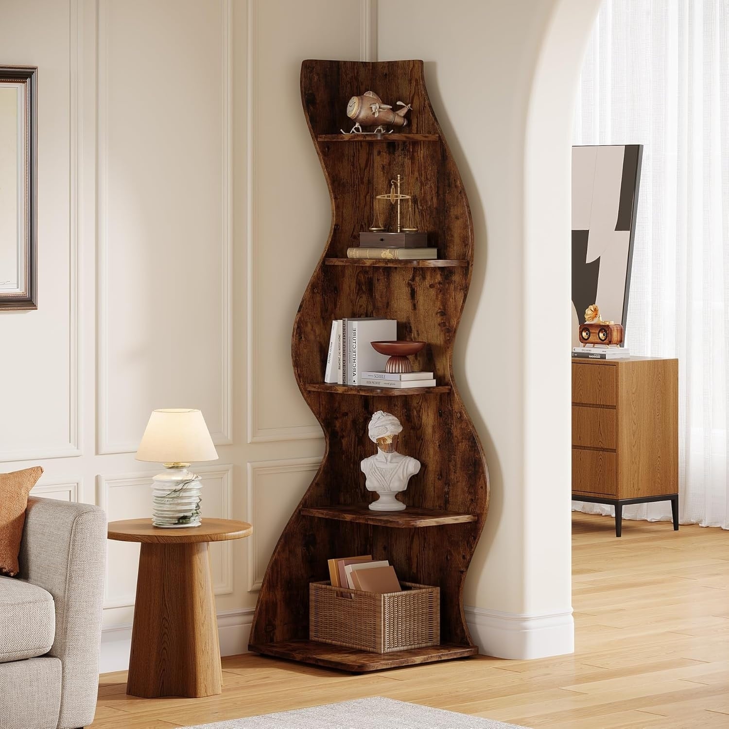5 Tier Curved Wavy Corner Bookshelf Freestanding Plant Stand Bookcase For Living Room