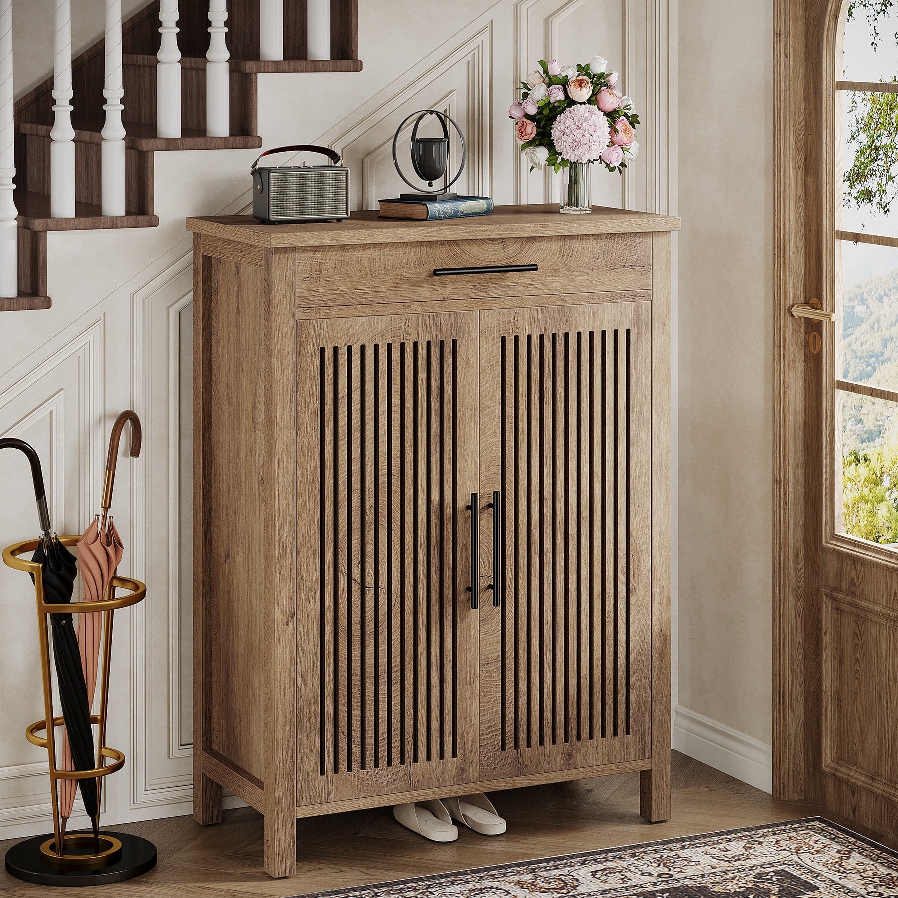 5 Tier Freestanding Shoe Cabinet With Drawer Louvered Doors