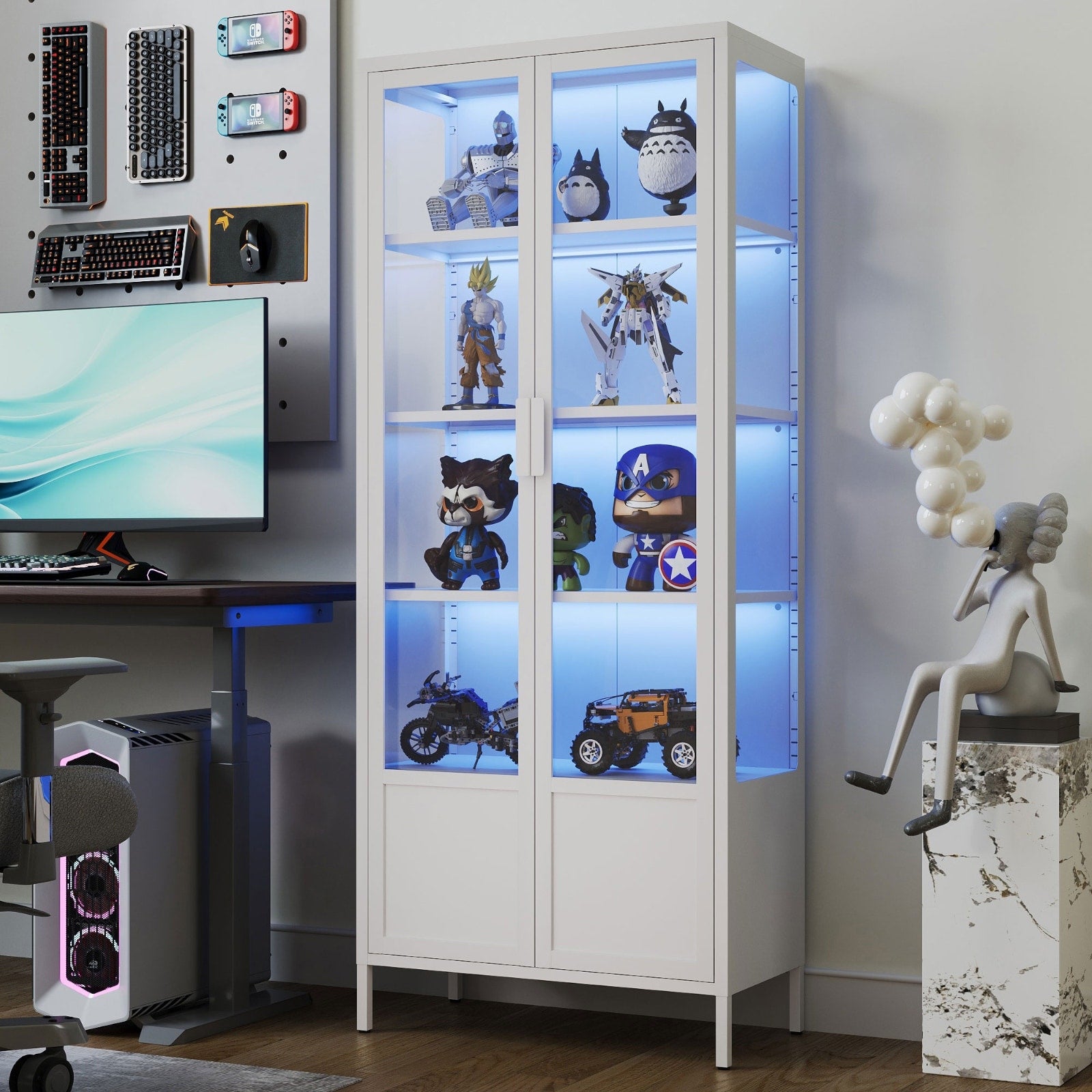 5 Tier Tempered Glass Curio Display Cabinet With Adjustable Shelves And 13 Color Lights 66.9 H X 27.6 W X 13.8 D