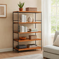 5 Tier Wooden Bookshelf With Open Metal Frame Oak Brown And Black