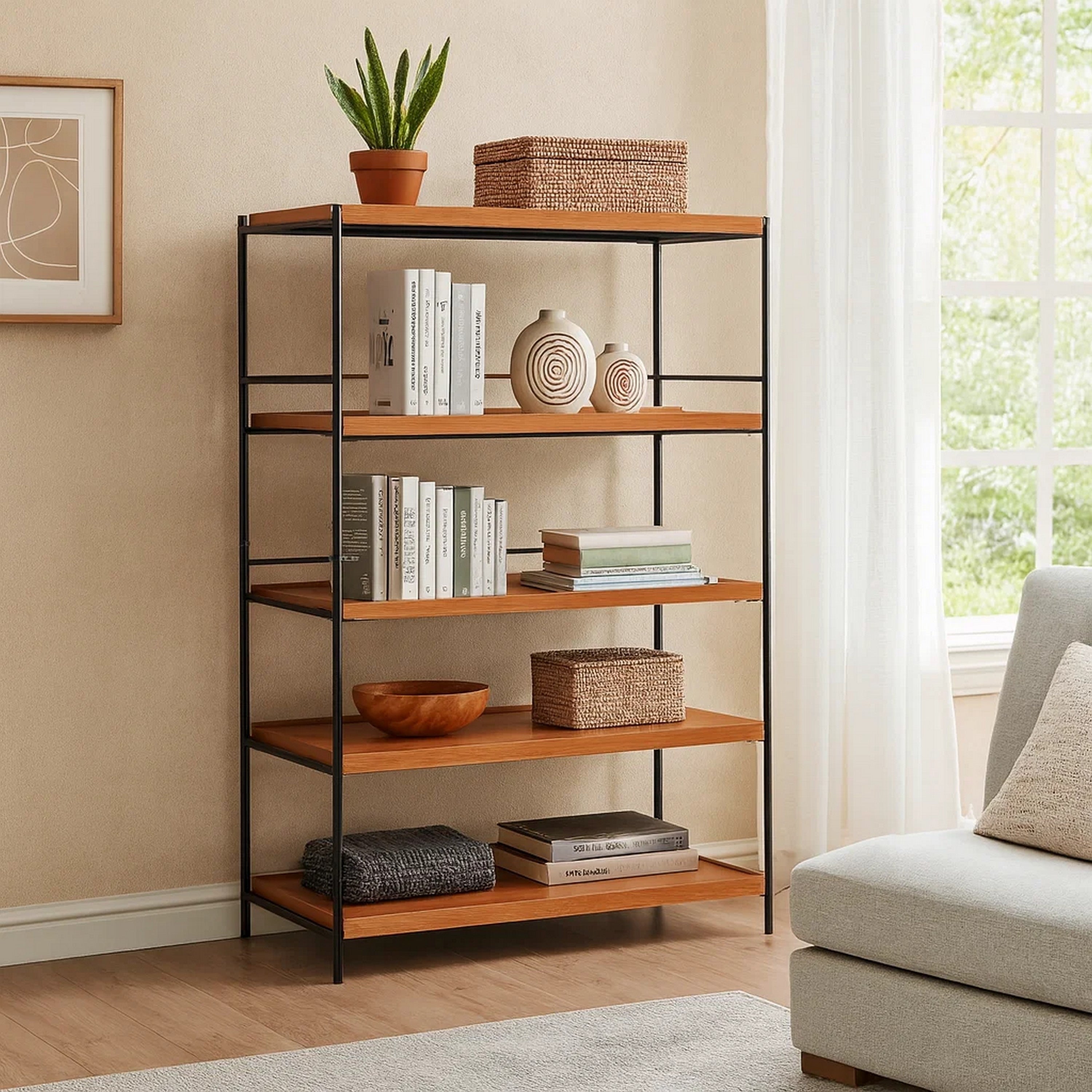 5 Tier Wooden Bookshelf With Open Metal Frame Oak Brown And Black