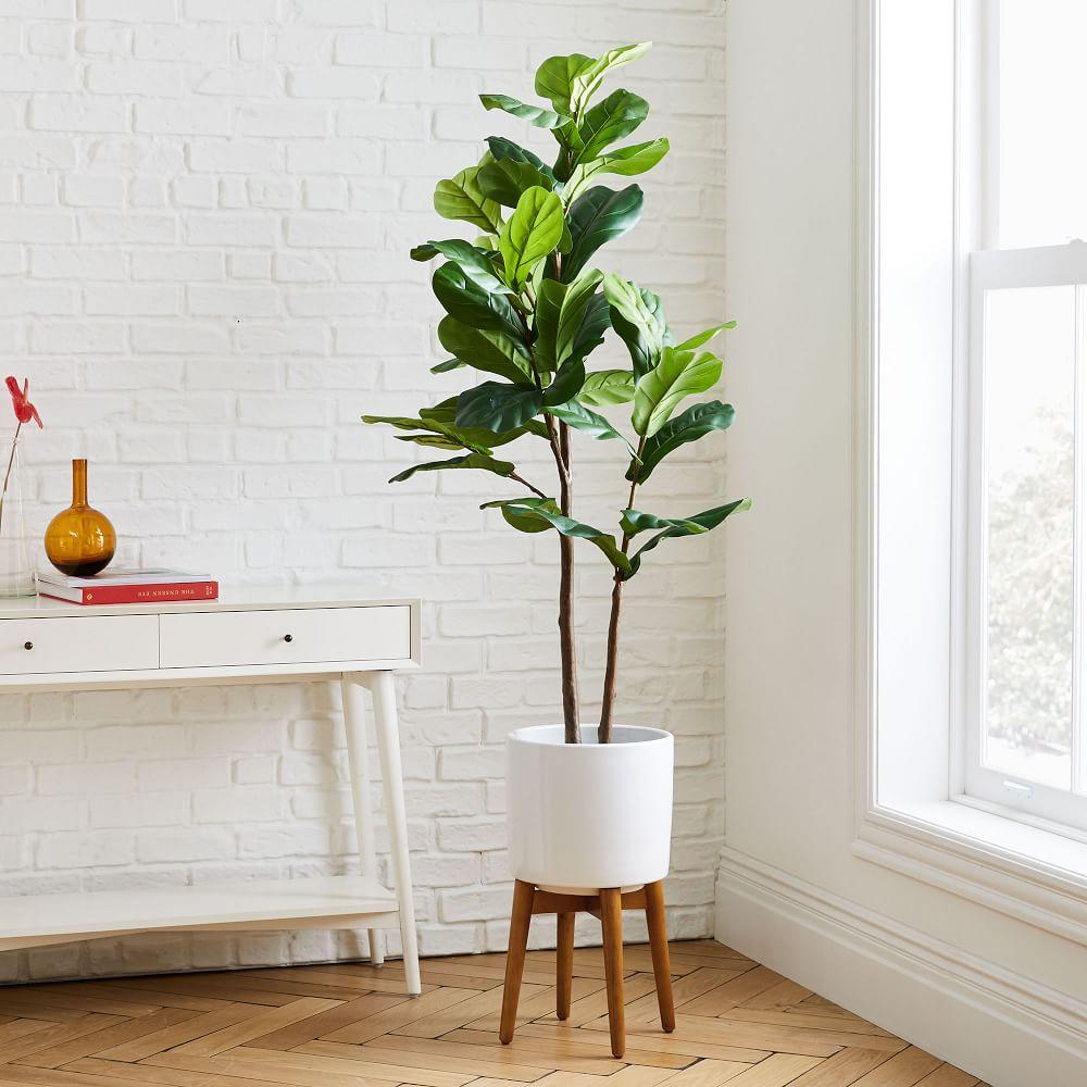 1.5 m Faux Fiddle Leaf Fig Tree & Tall Mid-Century Turned Wood Leg Planter Set