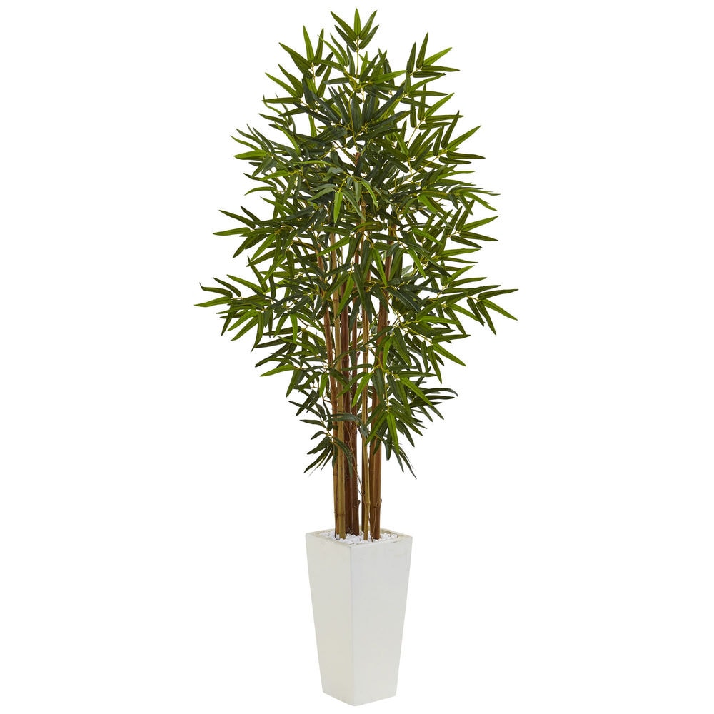 Nearly Natural Green 5 Foot Bamboo Tree In White Tower Planter