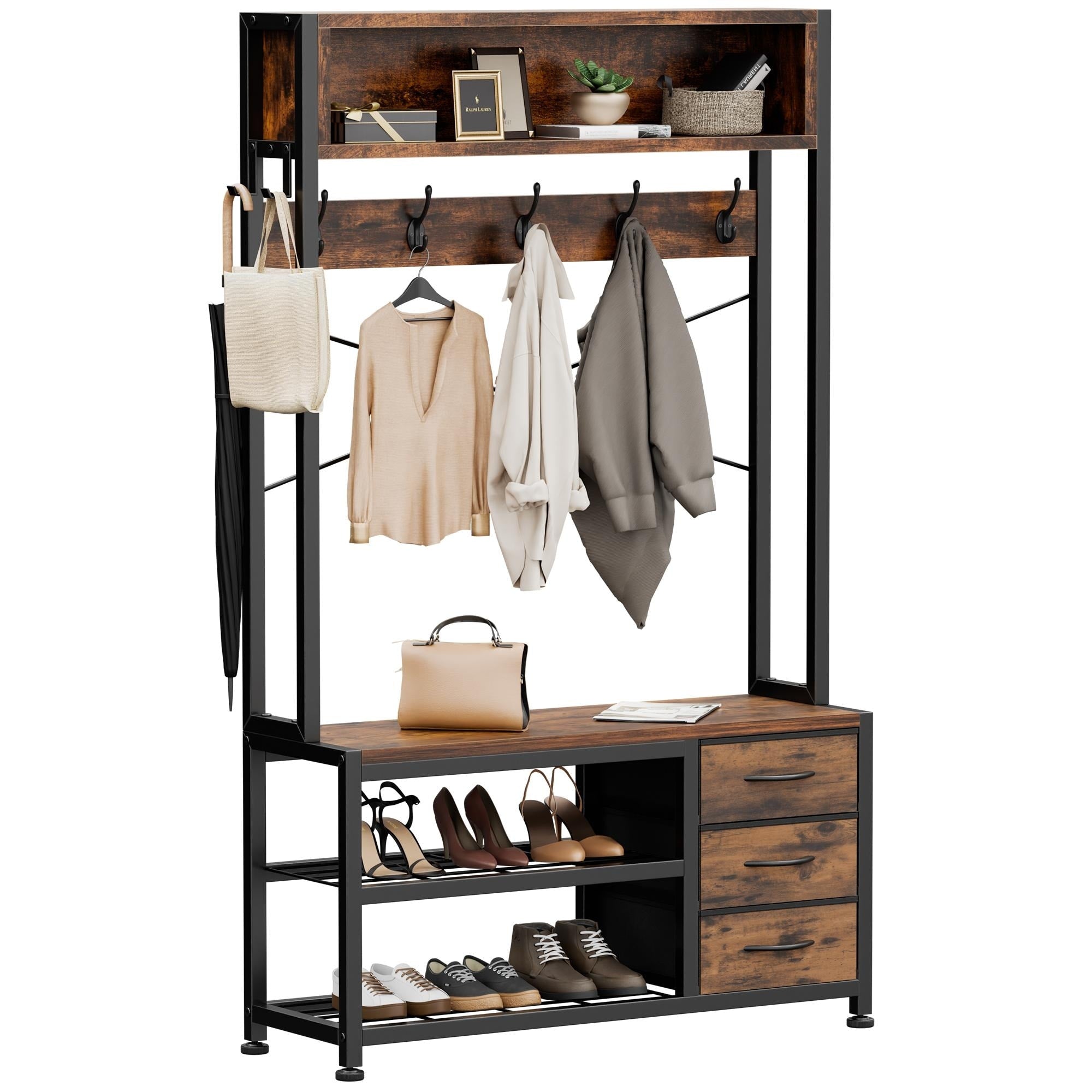 5 In 1Hall Tree Entryway Shoe Rack With 7 Hooks 3 Drawers