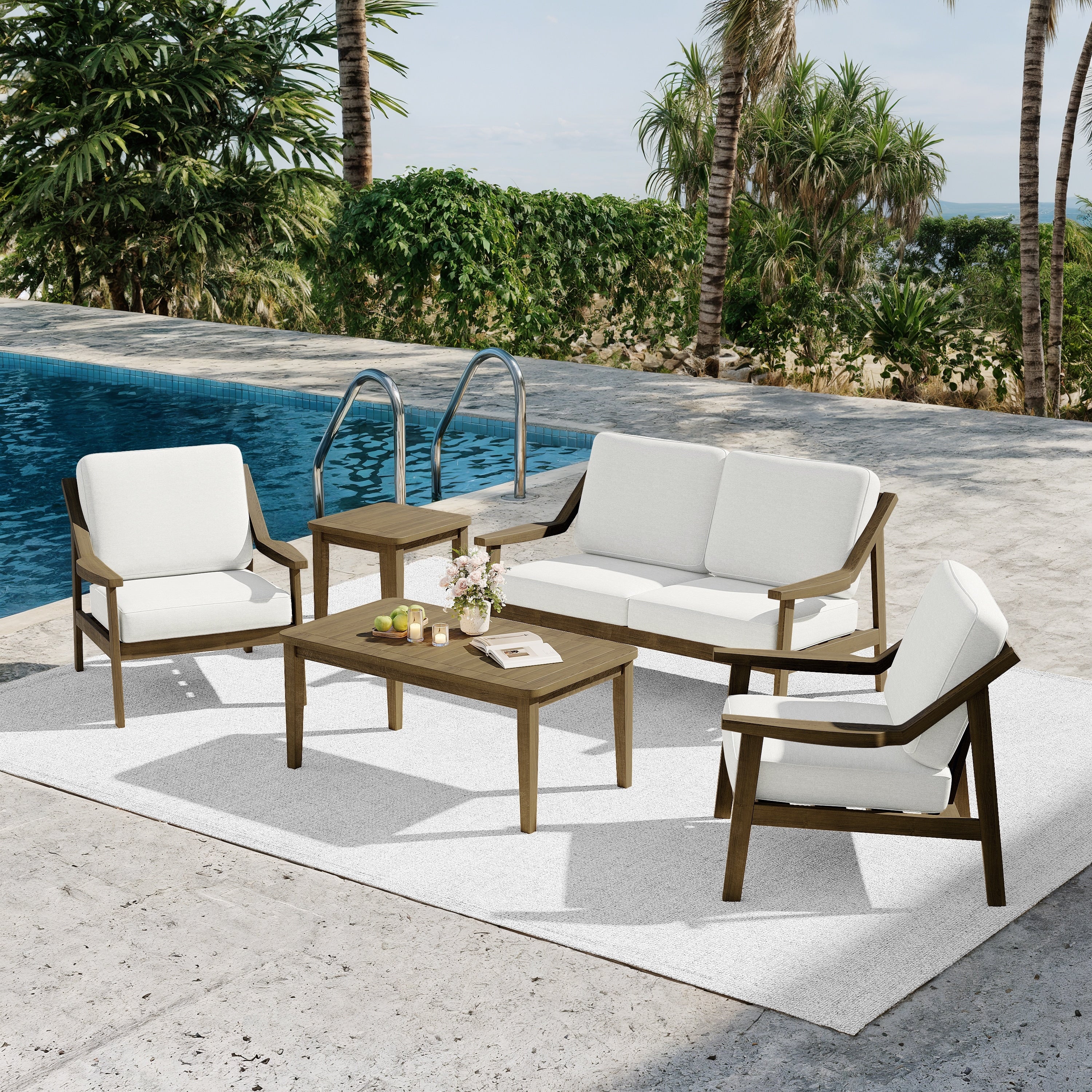 5 Piece Adirondack Patio Teak Lounge Chairs Loveseat Conversation Set
