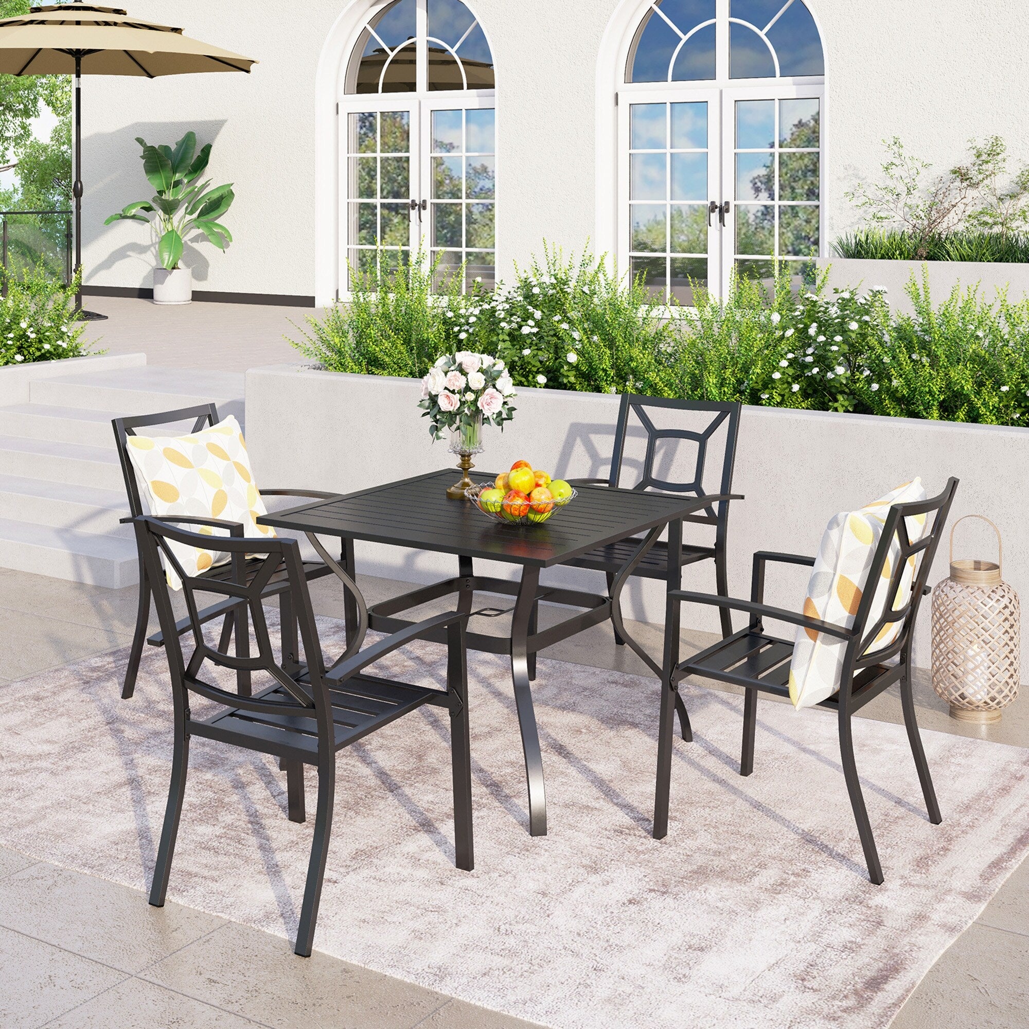 Phi Villa 5 Piece Patio Armrest Dining Chairs And Larger Square Table Set