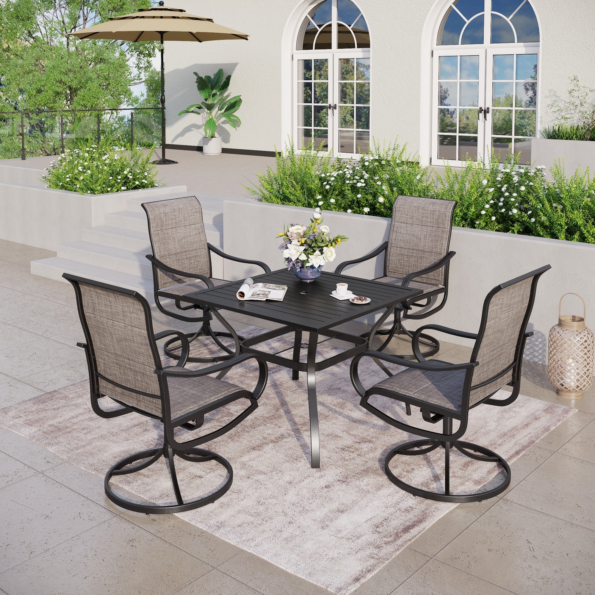 Mfstudio 5 Piece Patio Dining Set With 4 Padded Textilene Swivel Chairs And 37 Steel Frame Slat Square Table With Umbrella Hole