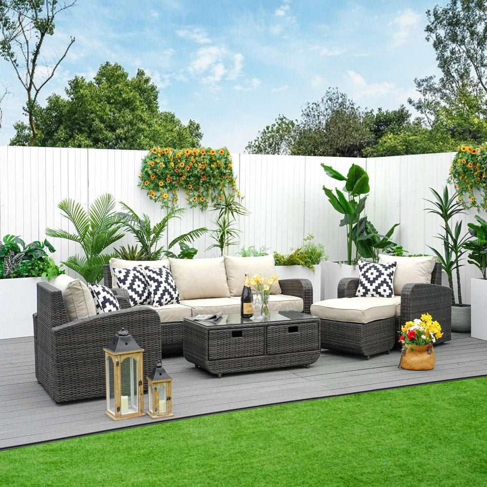 5Pcs Wicker Patio Sofa Set Outdoor Chat Sets With Drawer Table By Moda Furnishings
