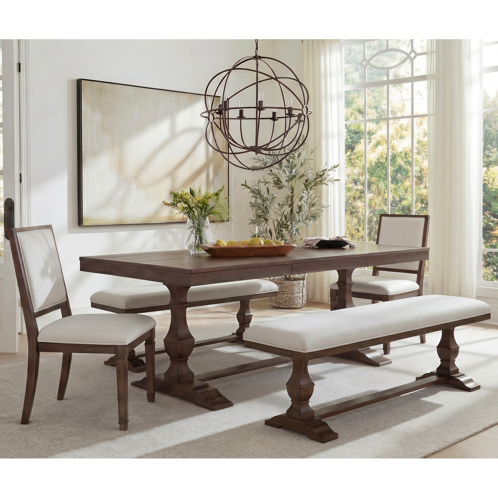 5 Pieces Farmhouse Dining Table For 6 74.8 Kitchen Table Set With 2 Benches And 2 Chairs Solid Wood Legs And Cushion Seat