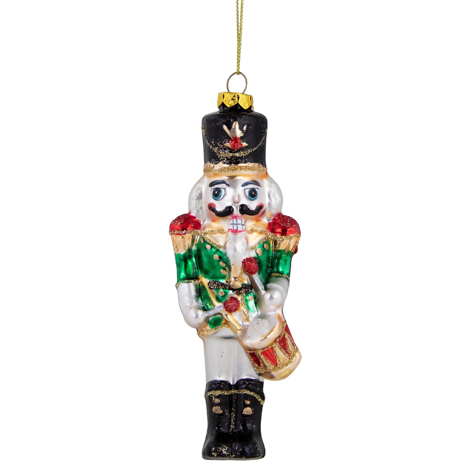 Green Red And Gold Nutcracker With A Drum Set Glass Christmas Ornament 5.25
