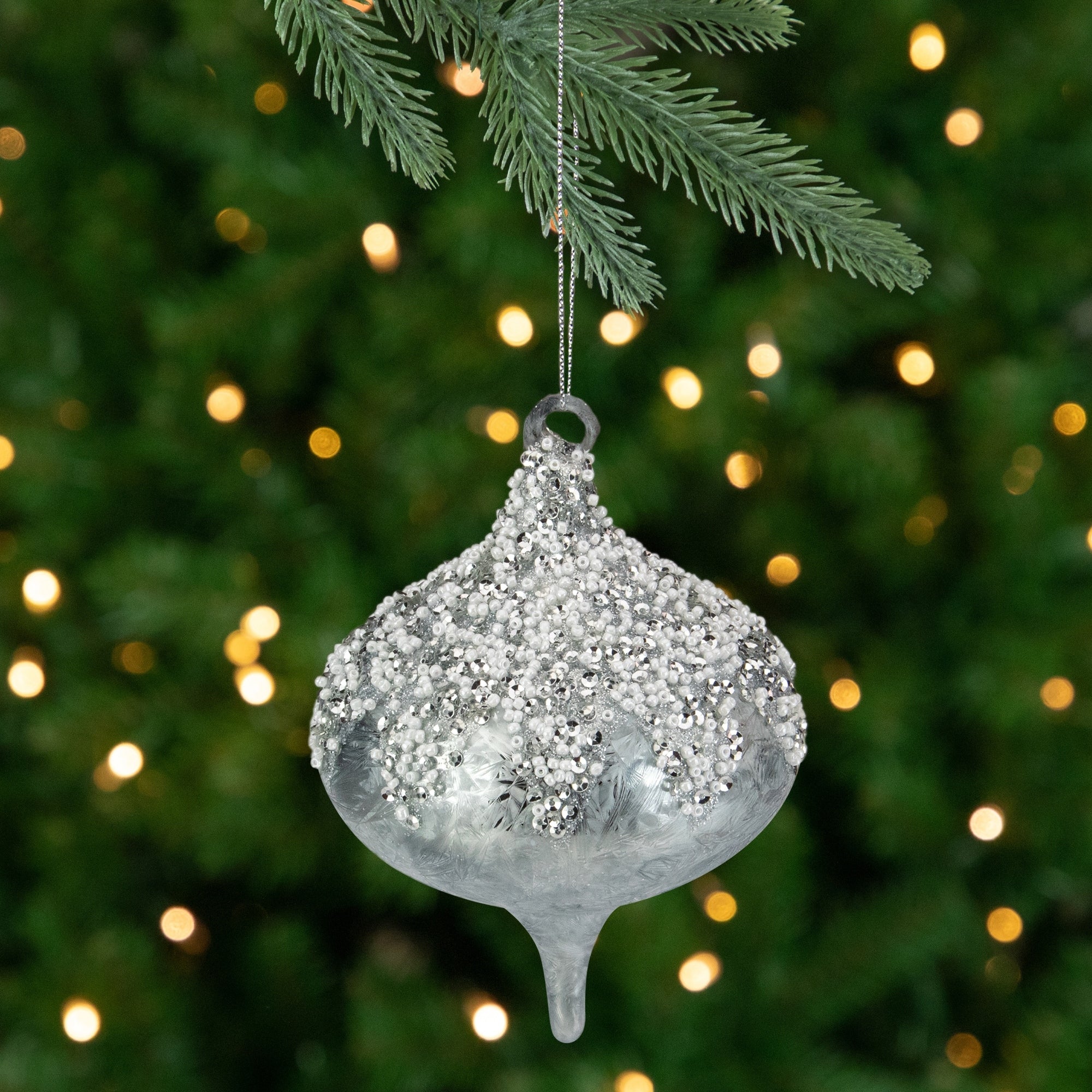 5 Silver And White With Sequin And Beads Glass Christmas Ornament