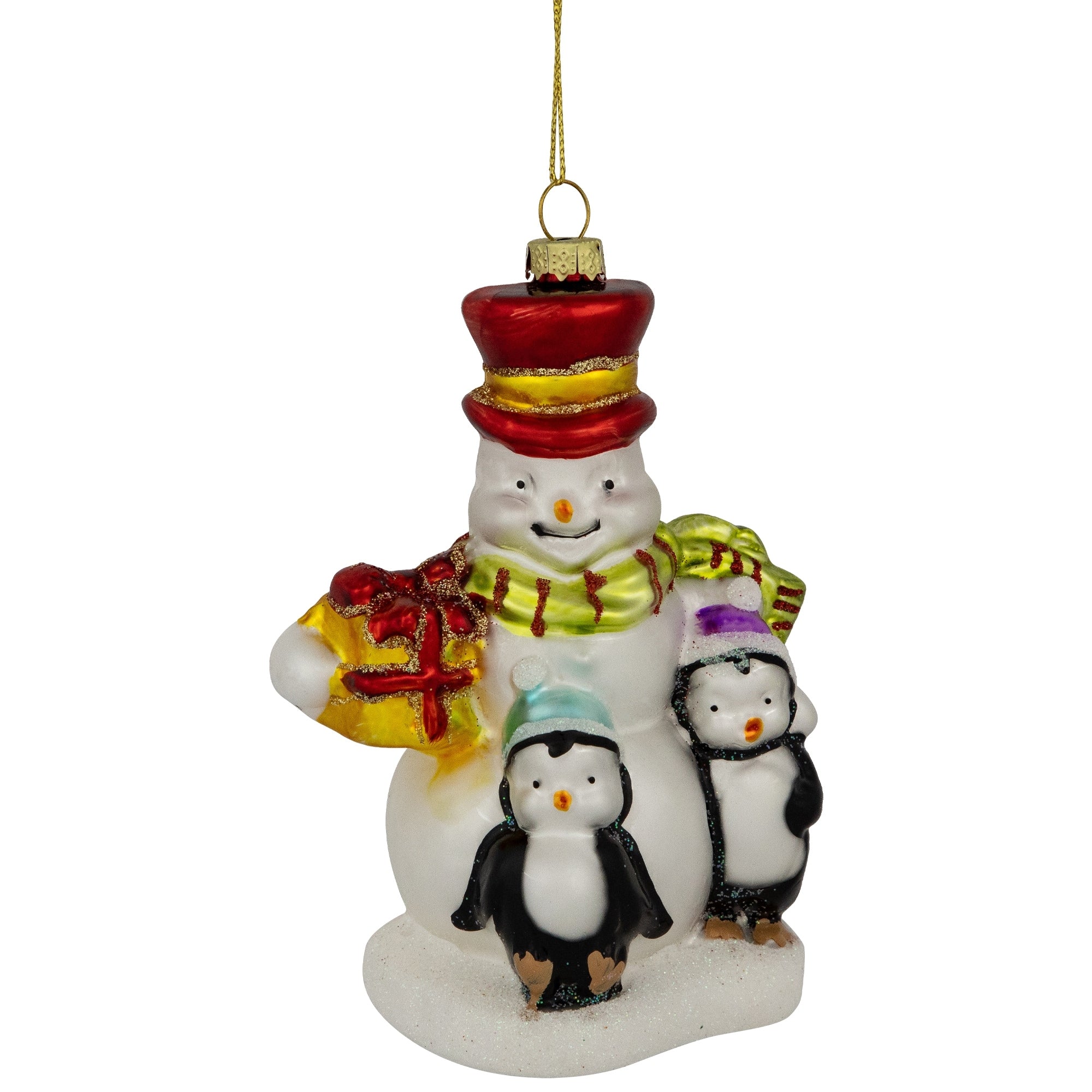 5.5 Happy Snowman With Penguins Hanging Glass Christmas Ornament
