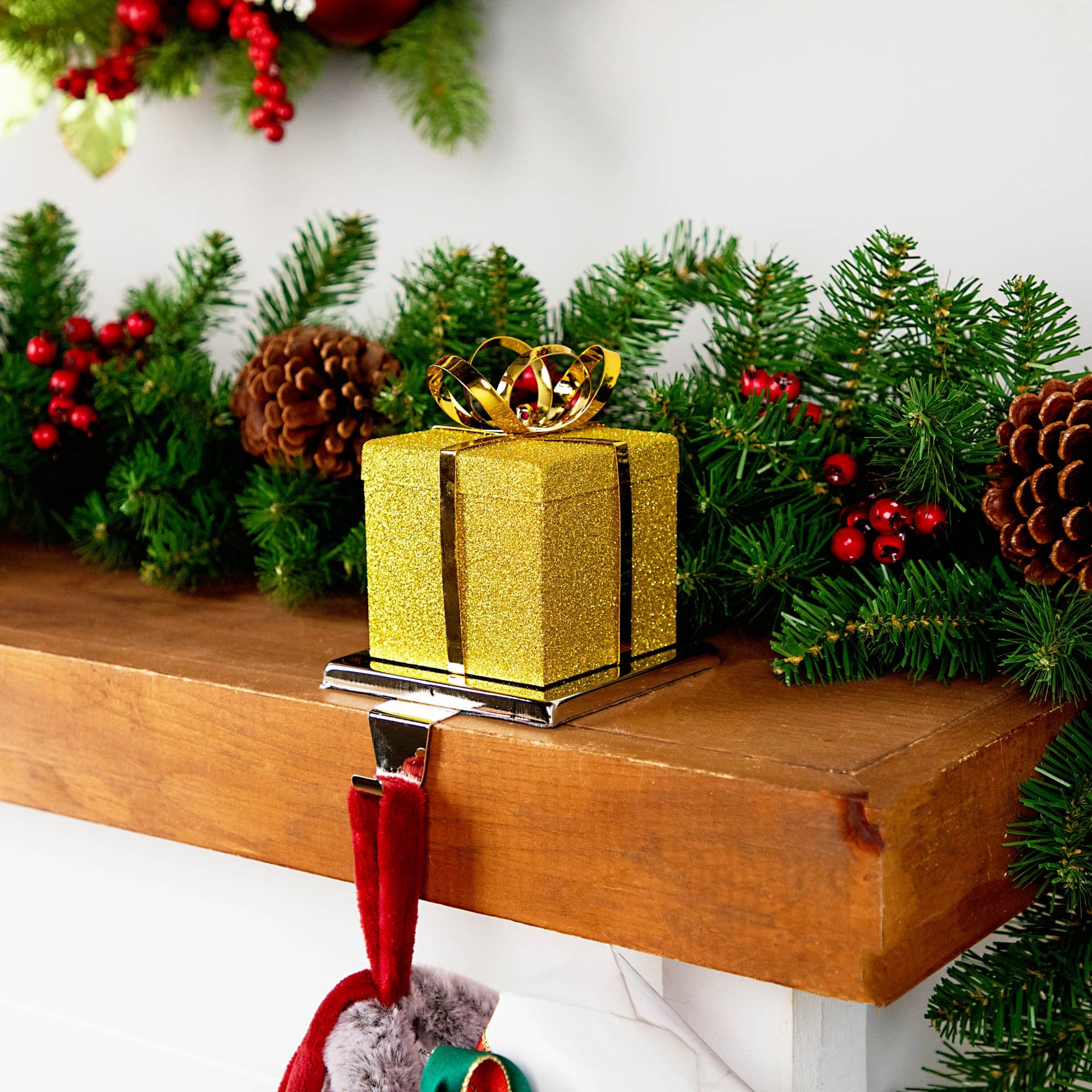 6 Gold Glittered Gift Box Shaped Christmas Stocking Holder