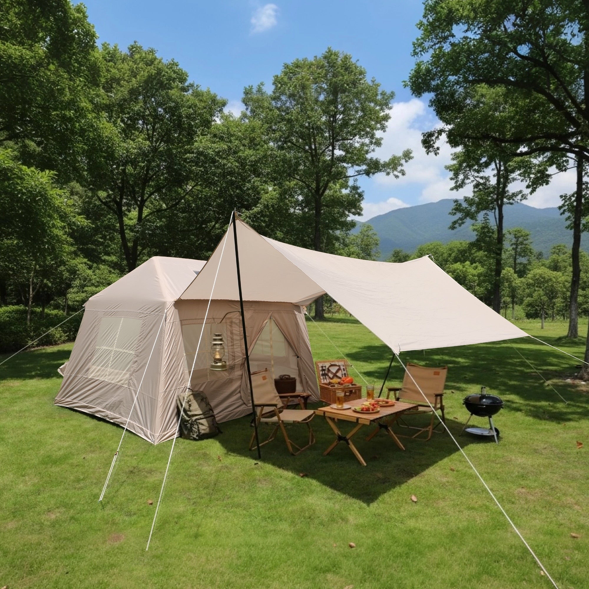 5.72M Inflatable Camping Tent Glamping Tents Easy Setup 4 Season Windproof Outdoor Cotton Tent With Stove Jack