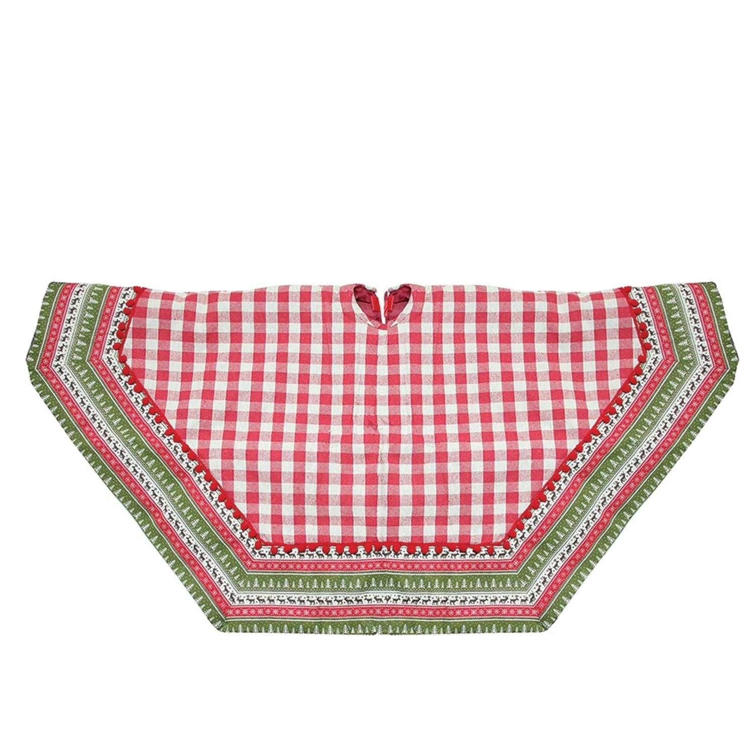 50 7 Sided Woodland Red Plaid Christmas Tree Skirt With Pom Trim And Lodge Border