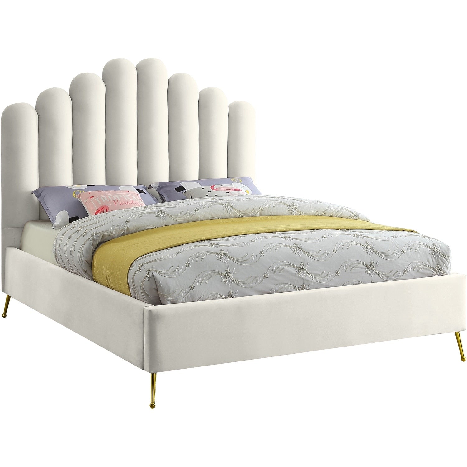 50 In.H Beige Wood Frame Full Size Panel Bed With Velvet Upholstery Material And Bed Frame Mounted