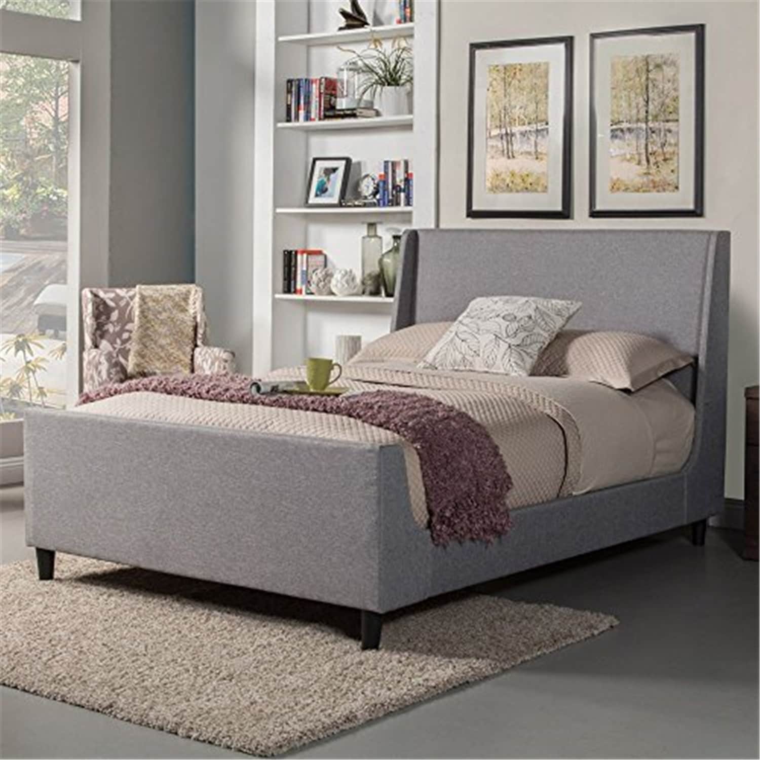 50 In.H Beige Wood Frame King Size Panel Bed With Fabric Upholstery Material And Bed Frame Mounted