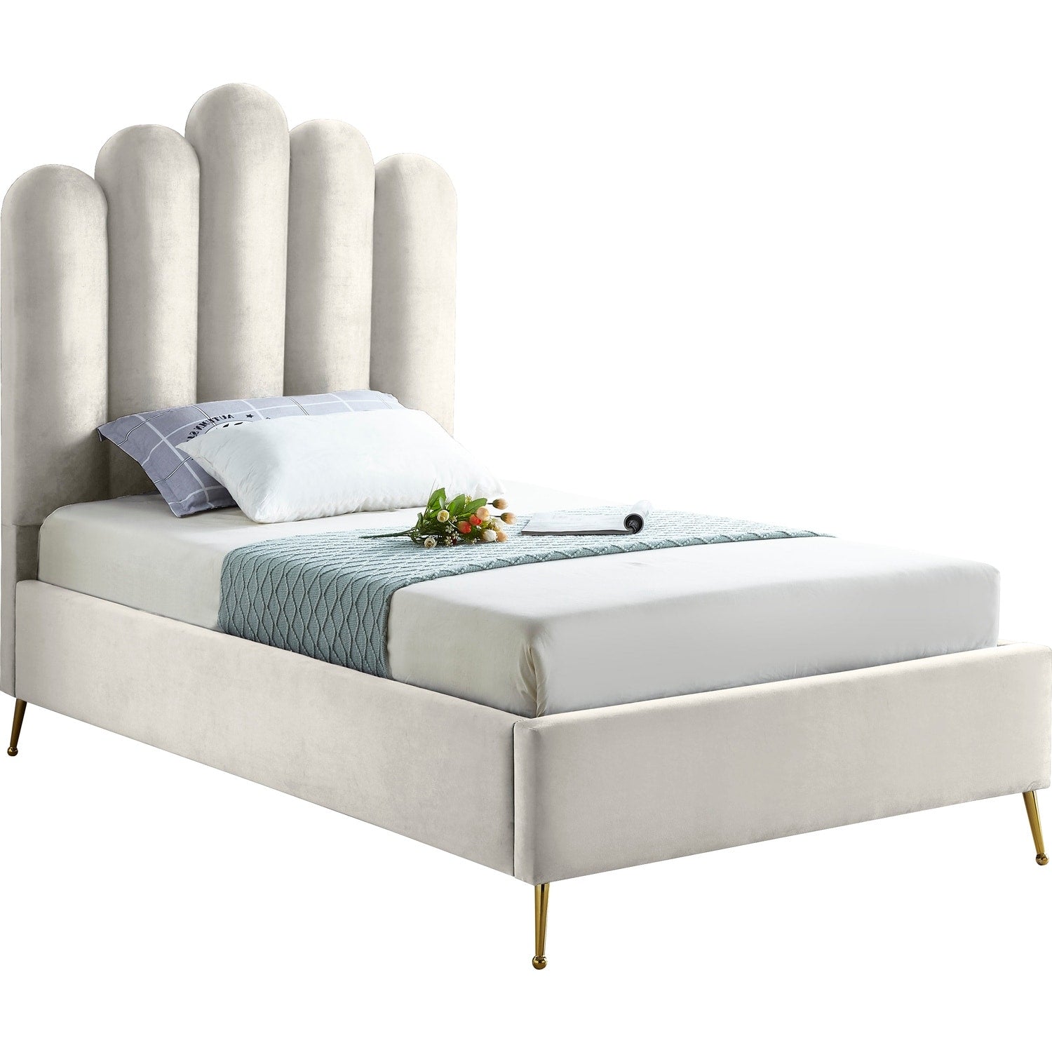 50 In.H Beige Wood Frame Queen Size Panel Bed With Velvet Upholstery Material And Bed Frame Mounted