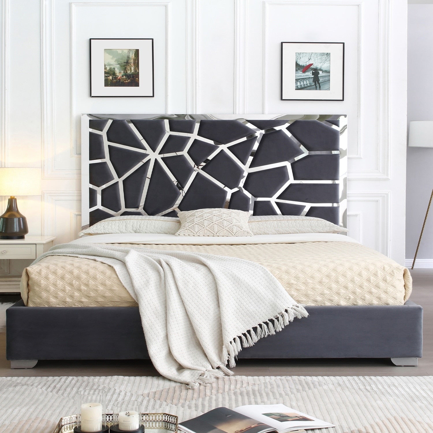 50 In.H Gray Wood Frame Queen Size Panel Bed With Velvet Upholstery Material And Bed Frame Mounted