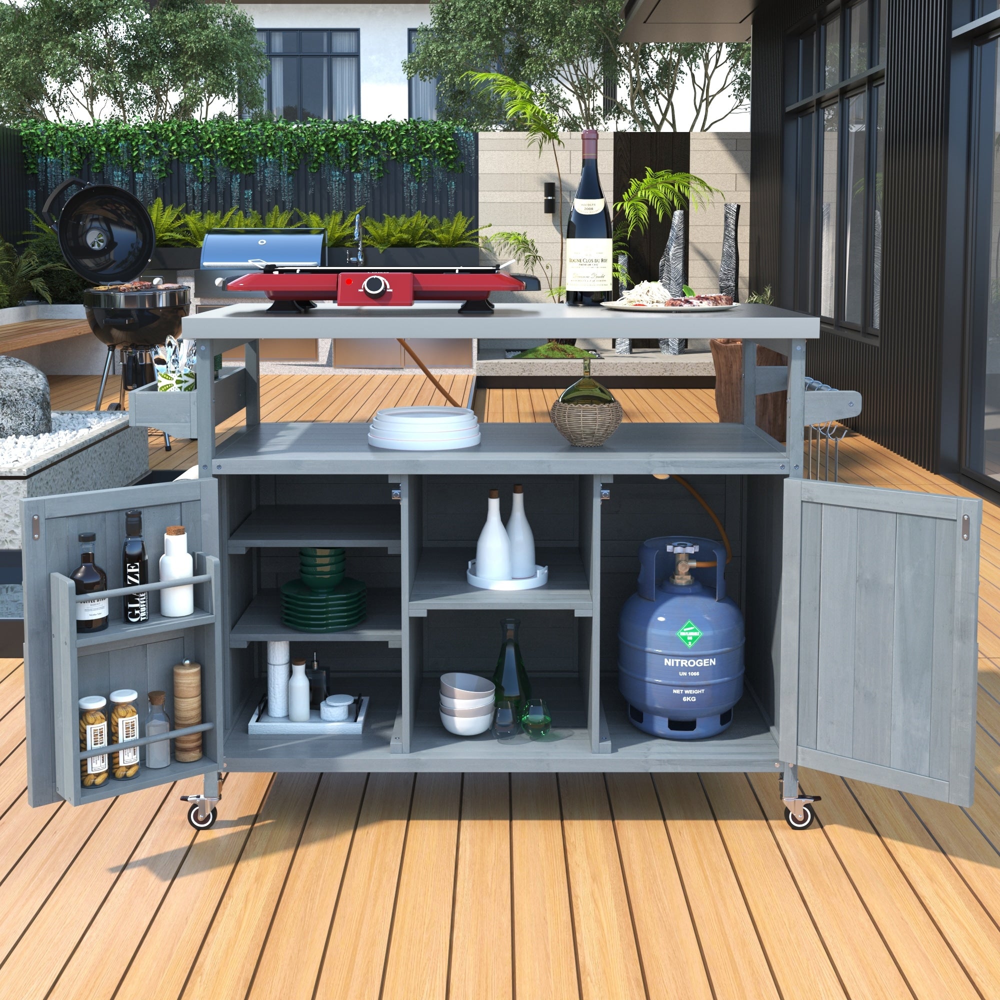 50.25 Rubber Wood Kitchen Island With Spice Rack Towel Rack And Rolling Wheels 50.25 X 18.5 X 36.25