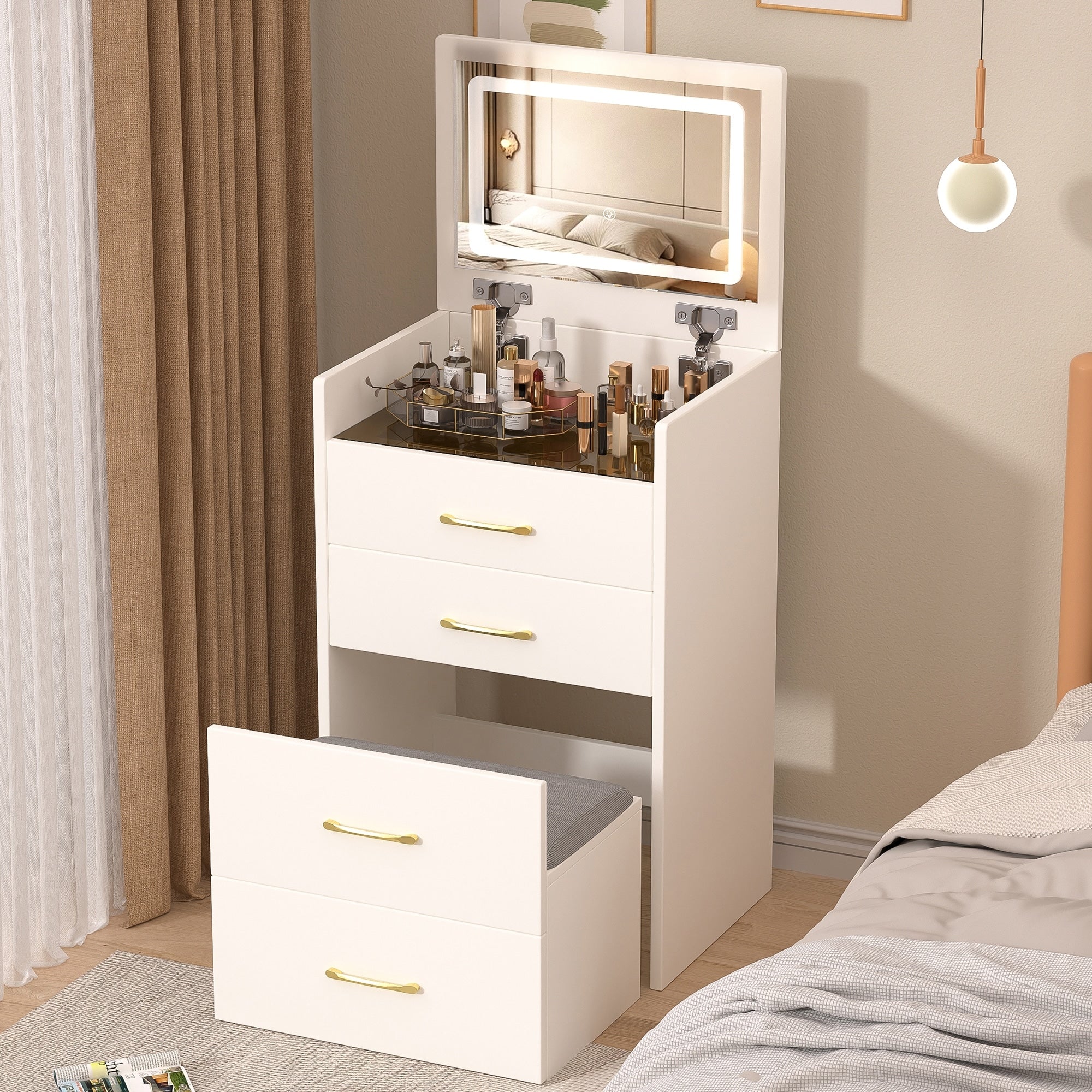 50.39 H Compact 3 In 1 Vanity Desk With Open Top Mirror Visible Glass Desktop 3 Drawers