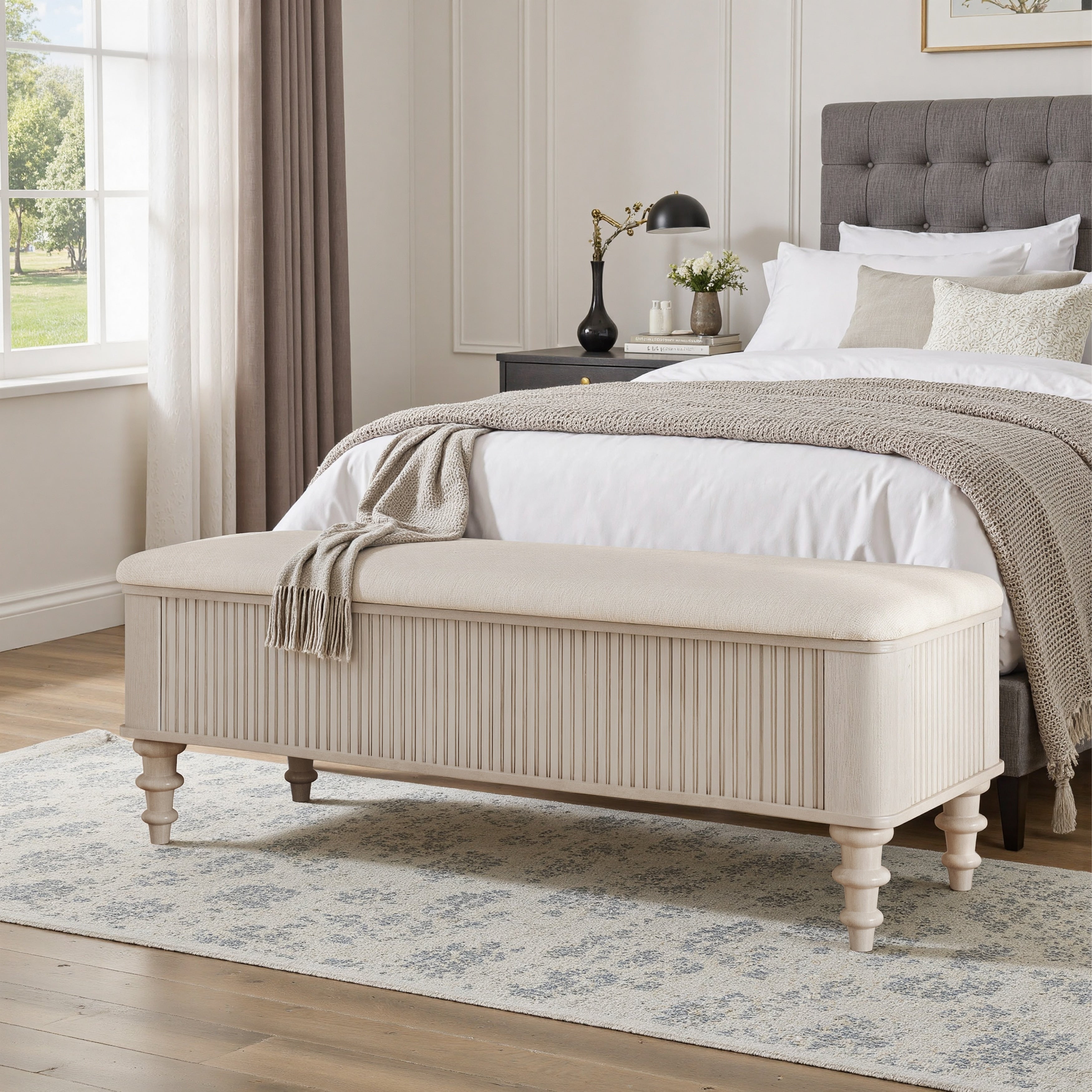 50.8 Multi Functional Storage Ottoman Bench Solid Rubberwood Bed End Bench With Linen Seat Storage Bench For Bedroom