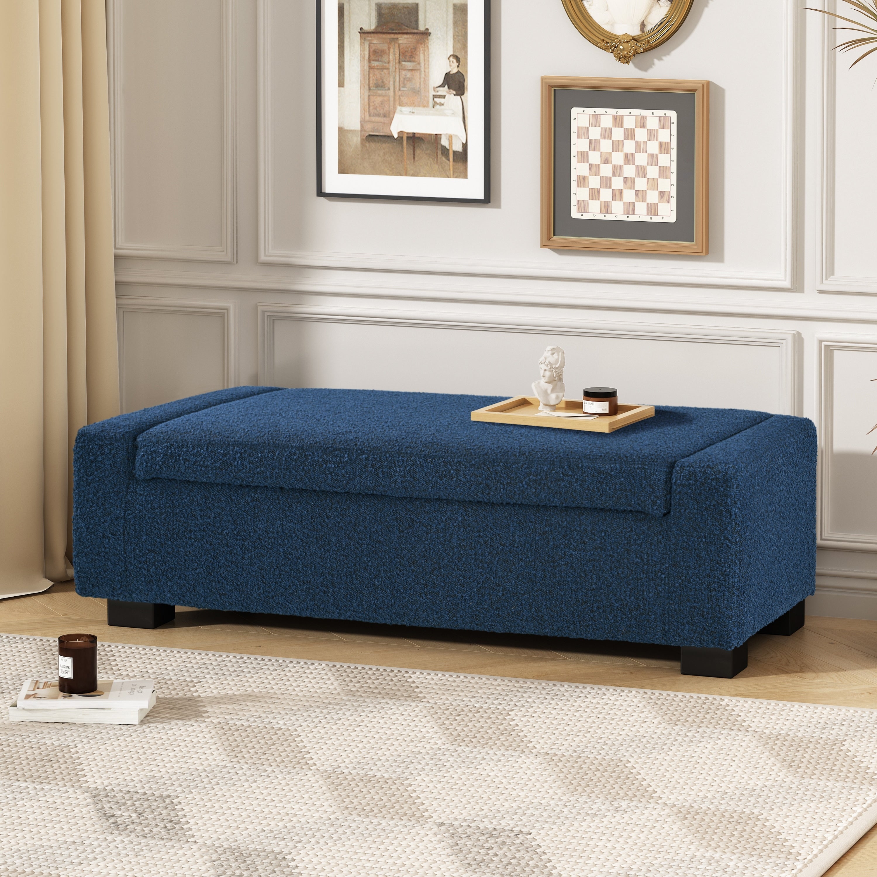 50 Ottoman Bench In Textured Fabric Rectangular Design With Hinged Lid For Seating Footrest And Hidden Storage