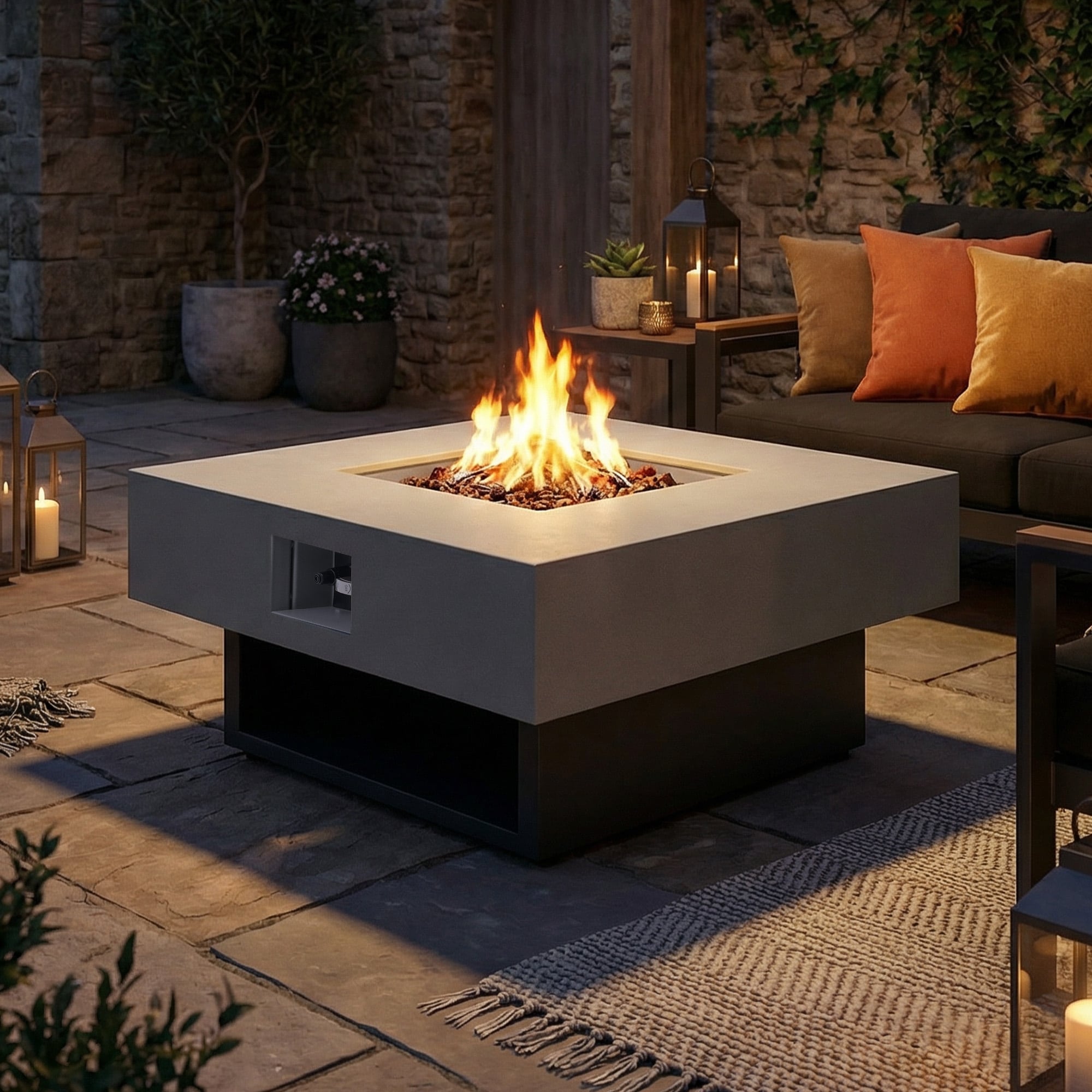 50 000 Btu Square Steel Gas Fire Pit Table Fully Assembled Outdoor Heater With Rain Cover Blue Glass Beads