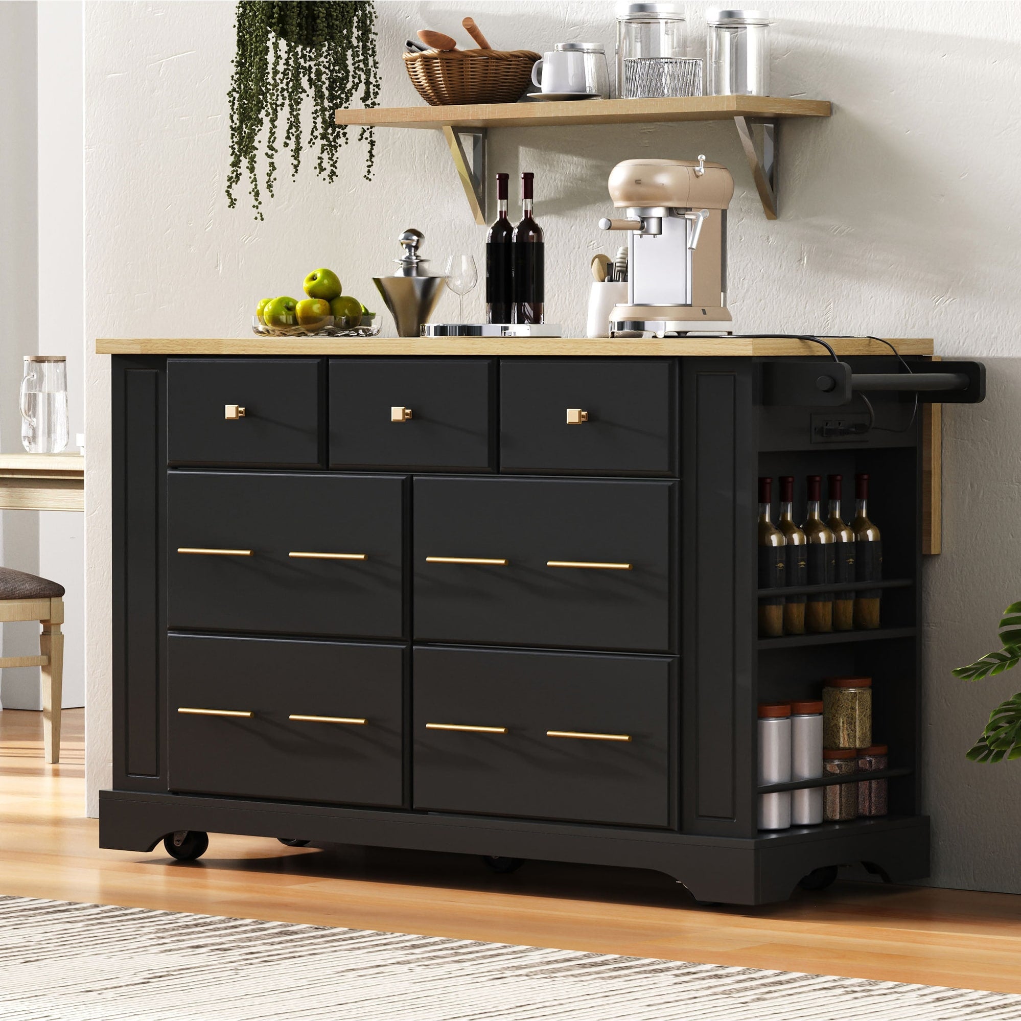 51 Inch Kitchen Island With 6 Drawers Pull Out Trash Can Power Outlet And Drop Leaf