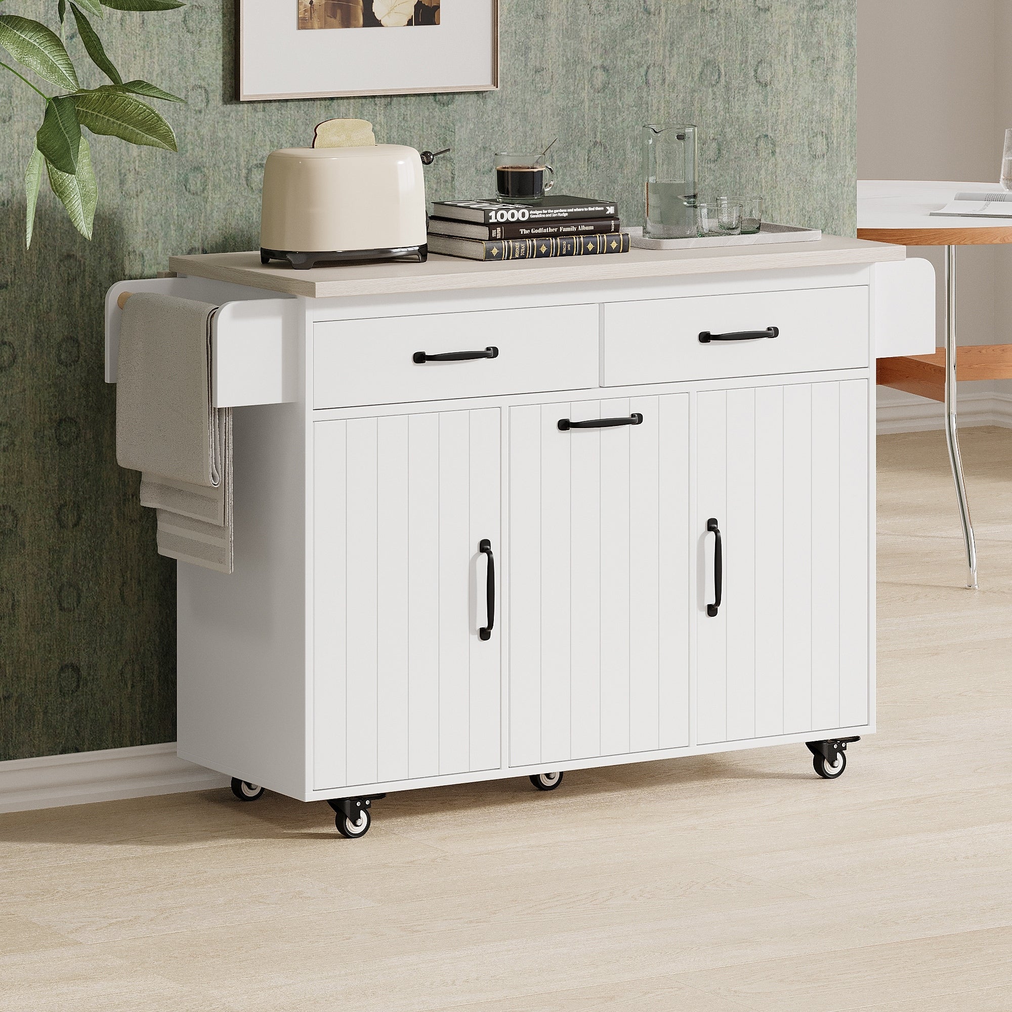 51.06 Particle Board Kitchen Island With Drop Leaf Rollingwheels Spice Rack Towel Rack And Drawers