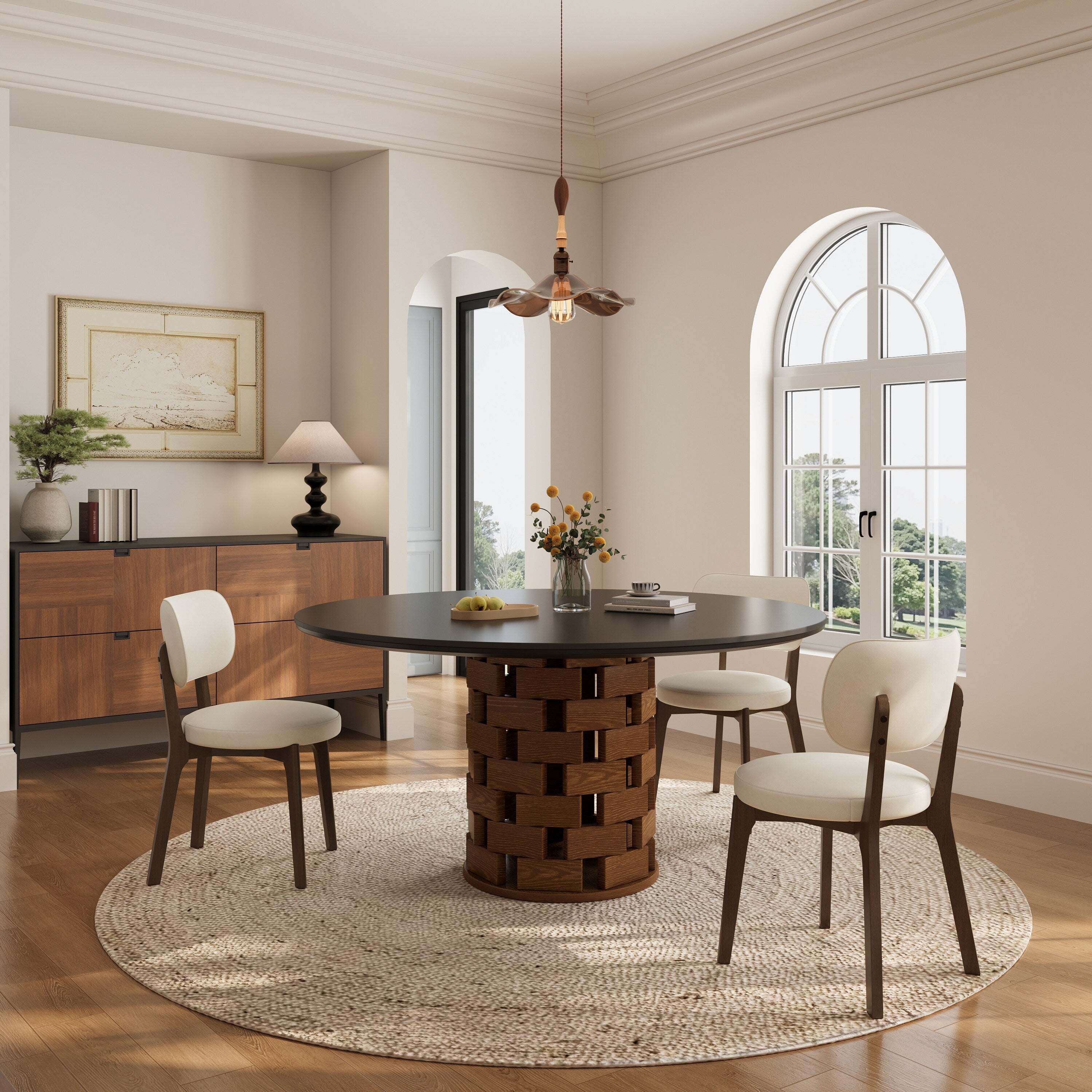 51 Mid Century Modern Round Dining Table Black Sintered Stone Top Sculptural Wooden Base Retro Kitchen Table For 4 6 People