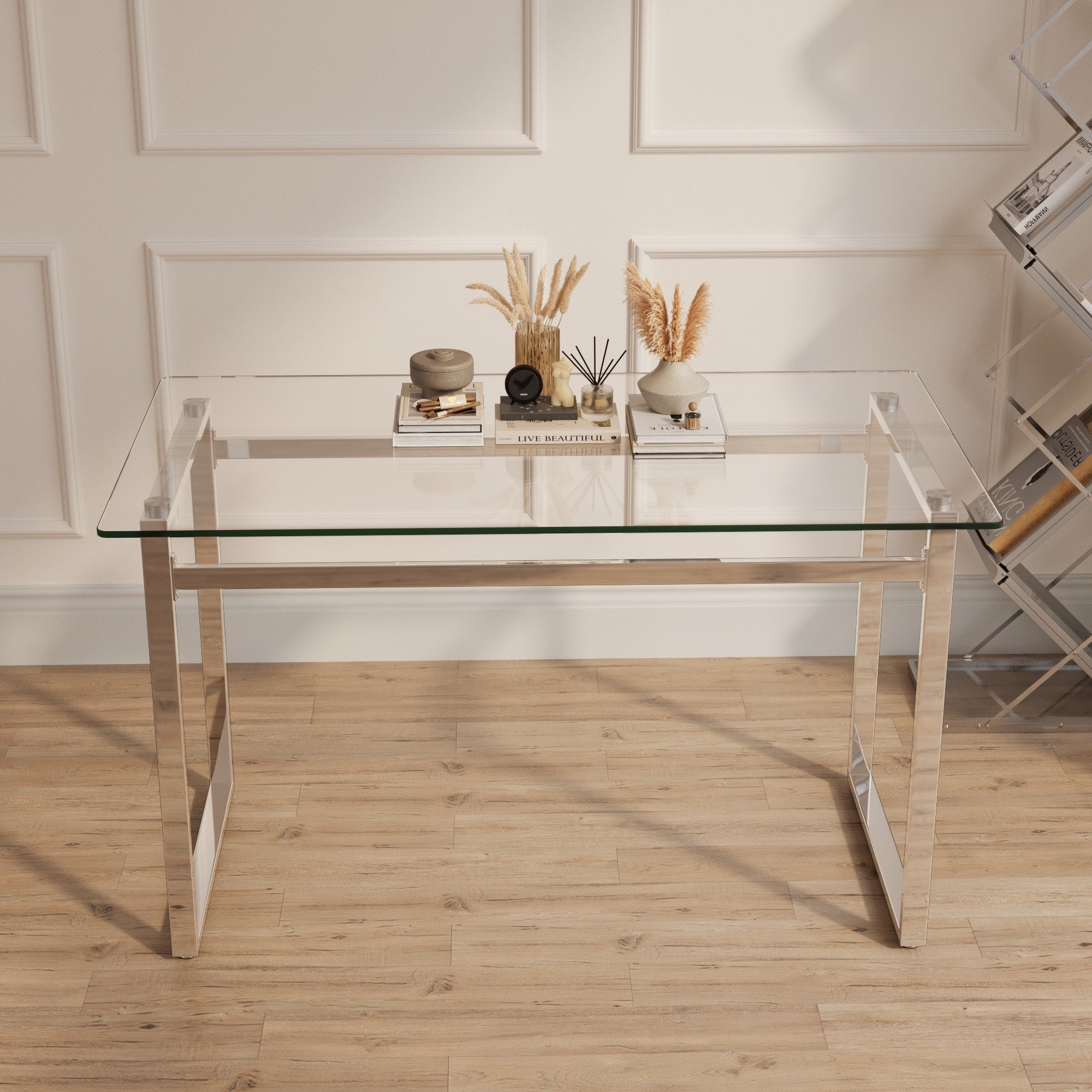 51 Modern Minimalist Rectangular Glass Dining Table For 4 6 0.31 Tempered Glass With Silver Chrome Metal Legs Transparent